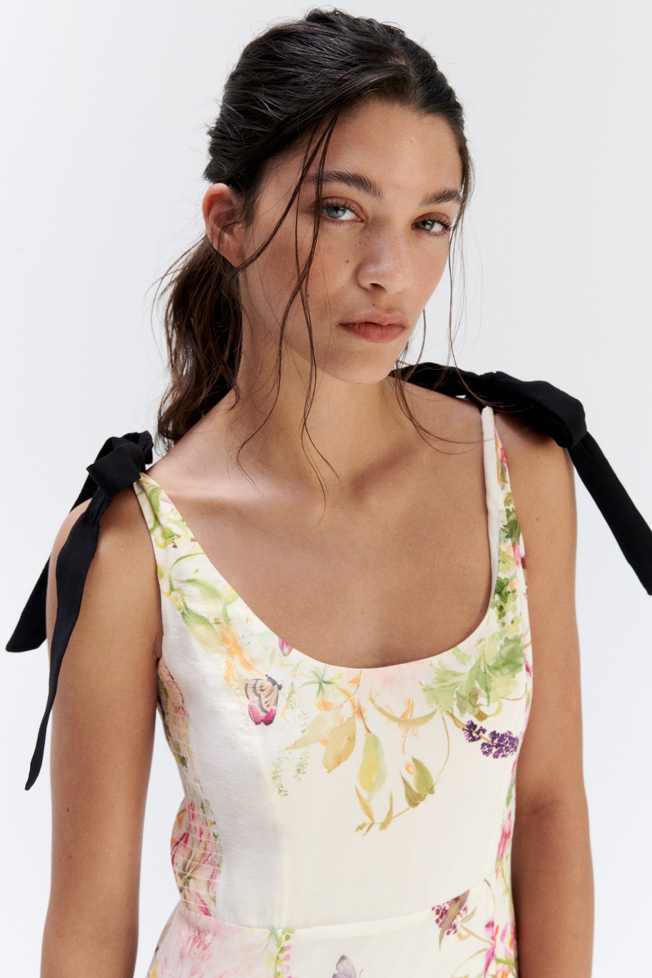 Flared Dress with Tie Shoulder Straps