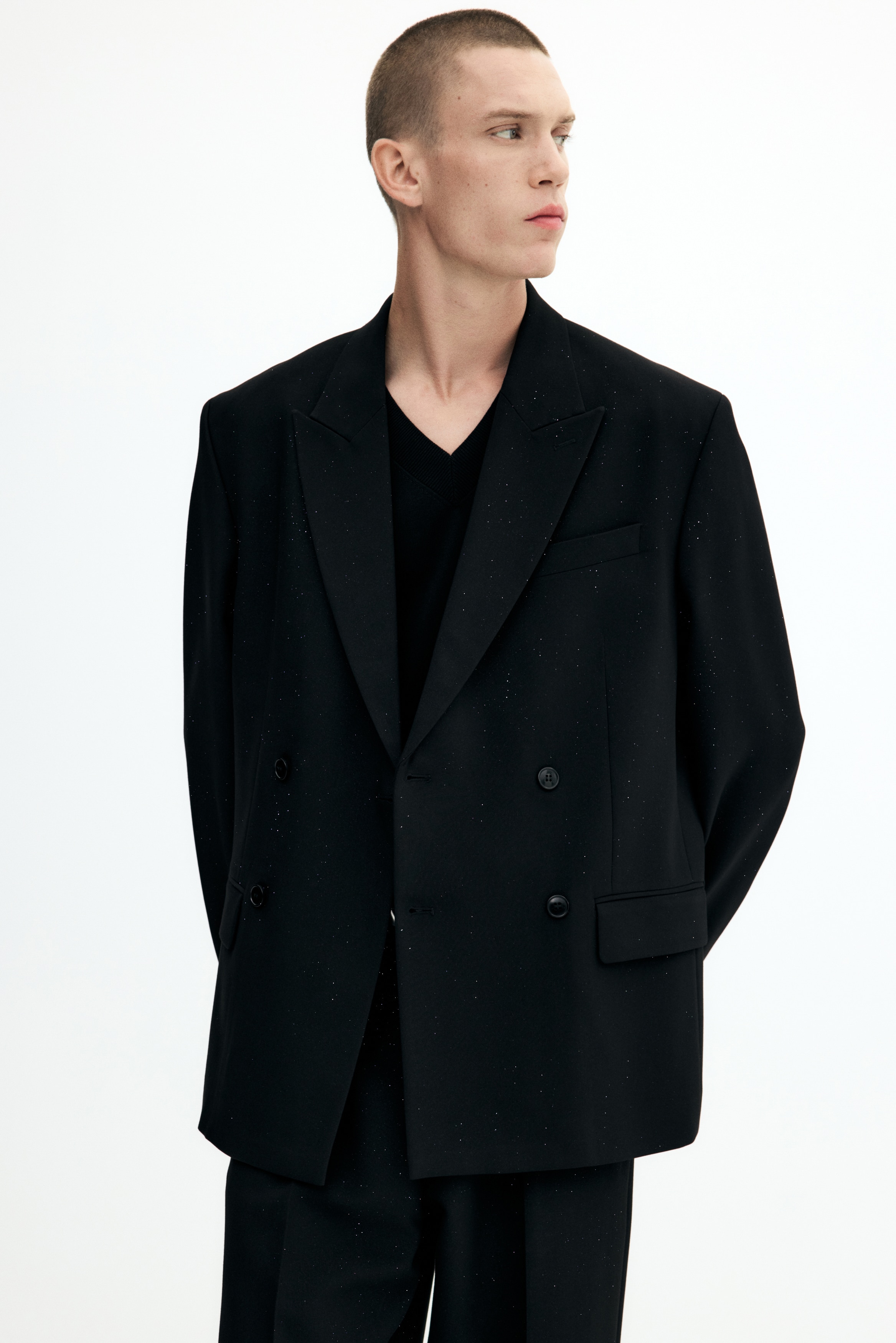 リラックスフィット ダブルブレストグリッタージャケット - ブラック