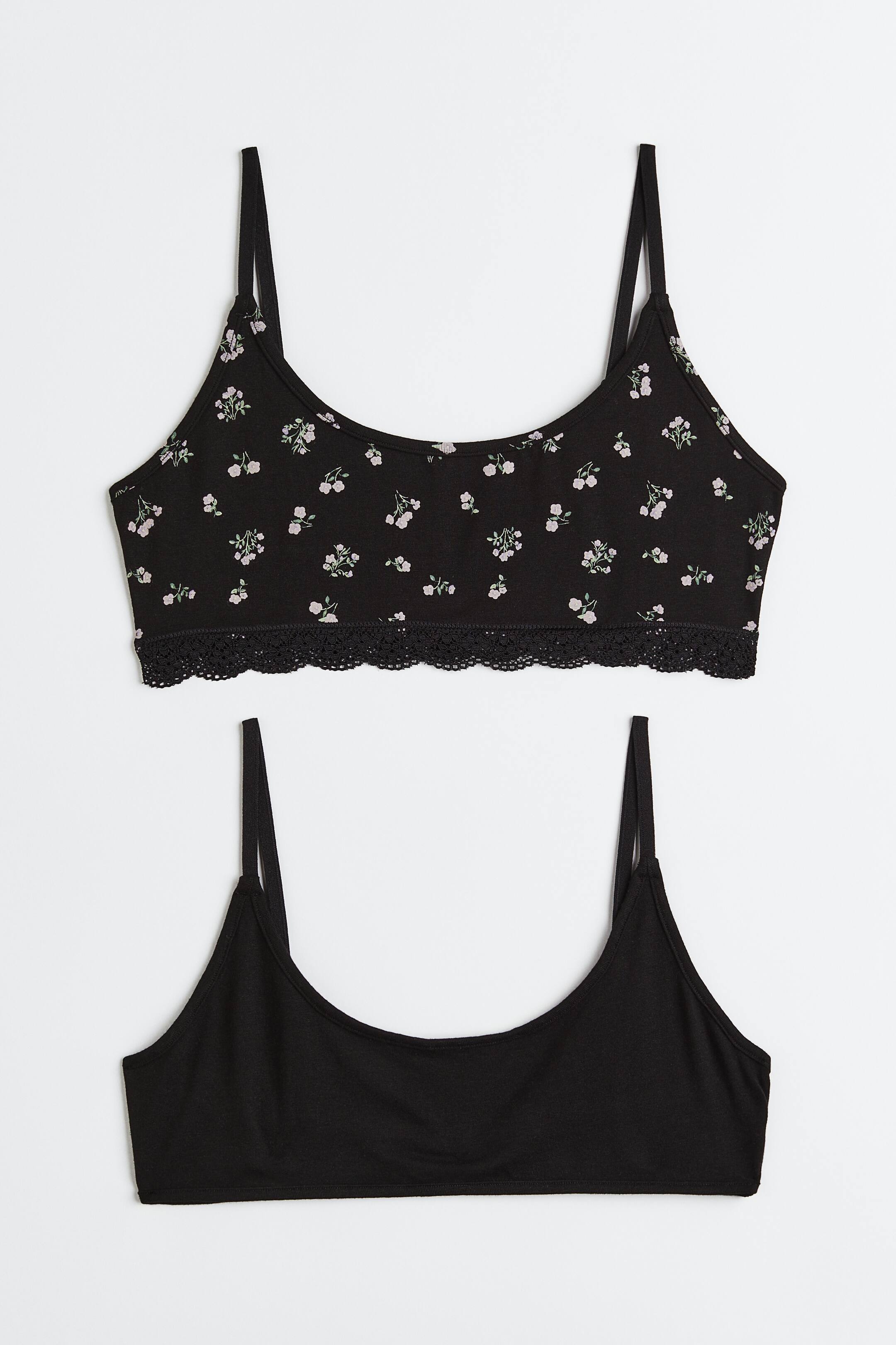View larger image: 2-pack non-padded cotton bra tops - Black/Floral - Ladies | H&M 1