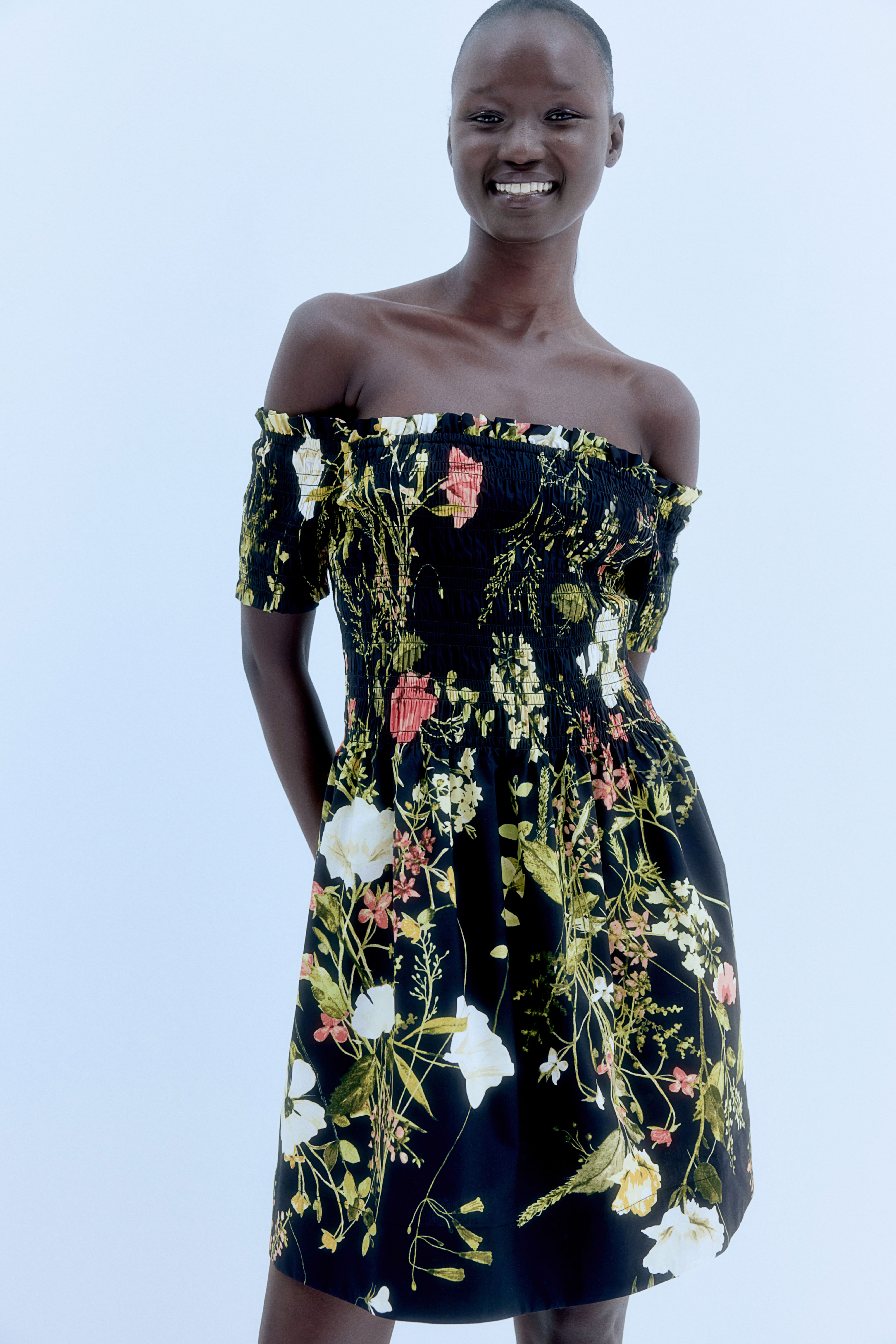 Navy floral off the shoulder dress best sale