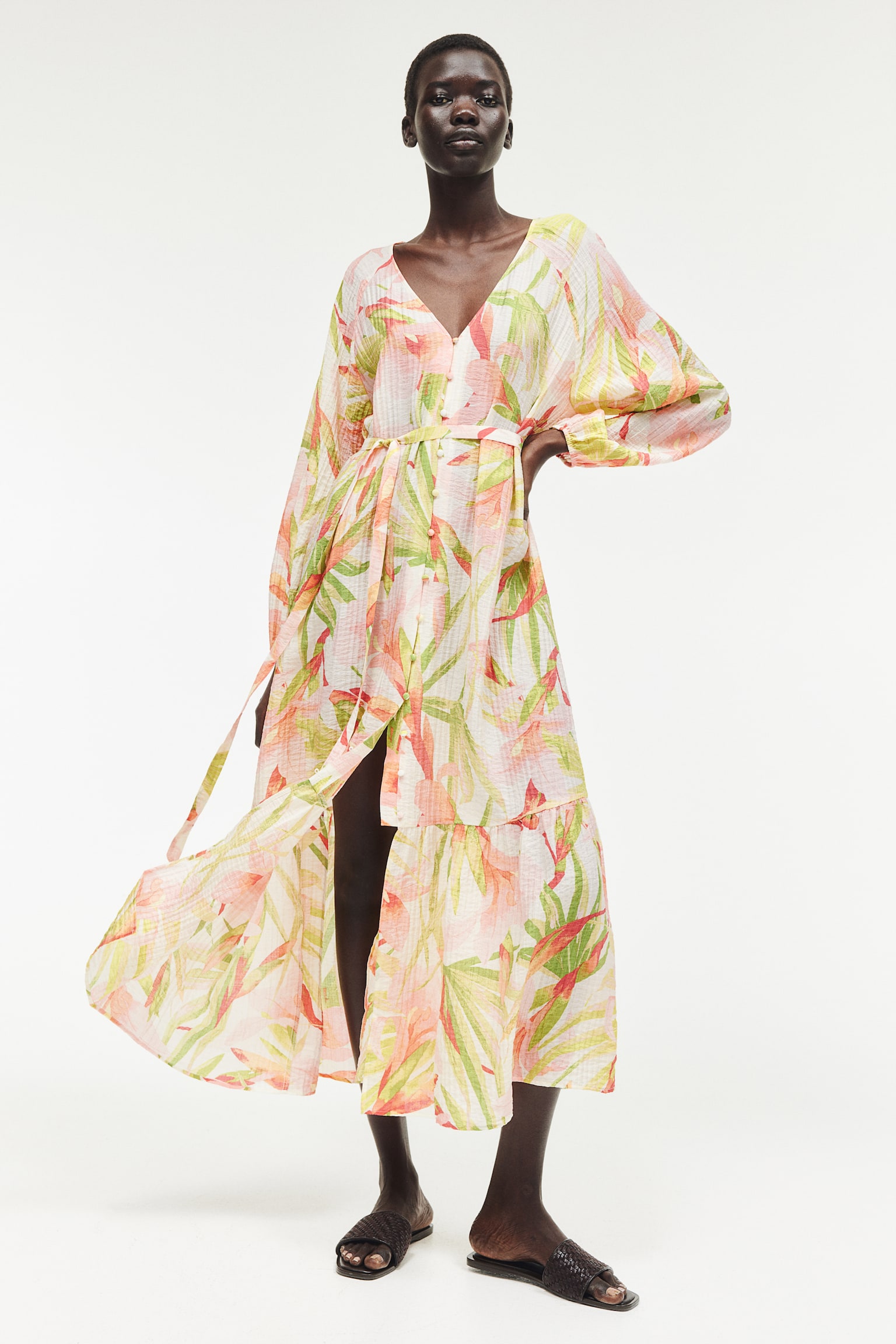 Tie Belt Crêpe Dress - White/Floral/Black/Floral/Powder pink/Floral/Green/Blue/Floral/Green/Pattern/Cream/Floral - 6