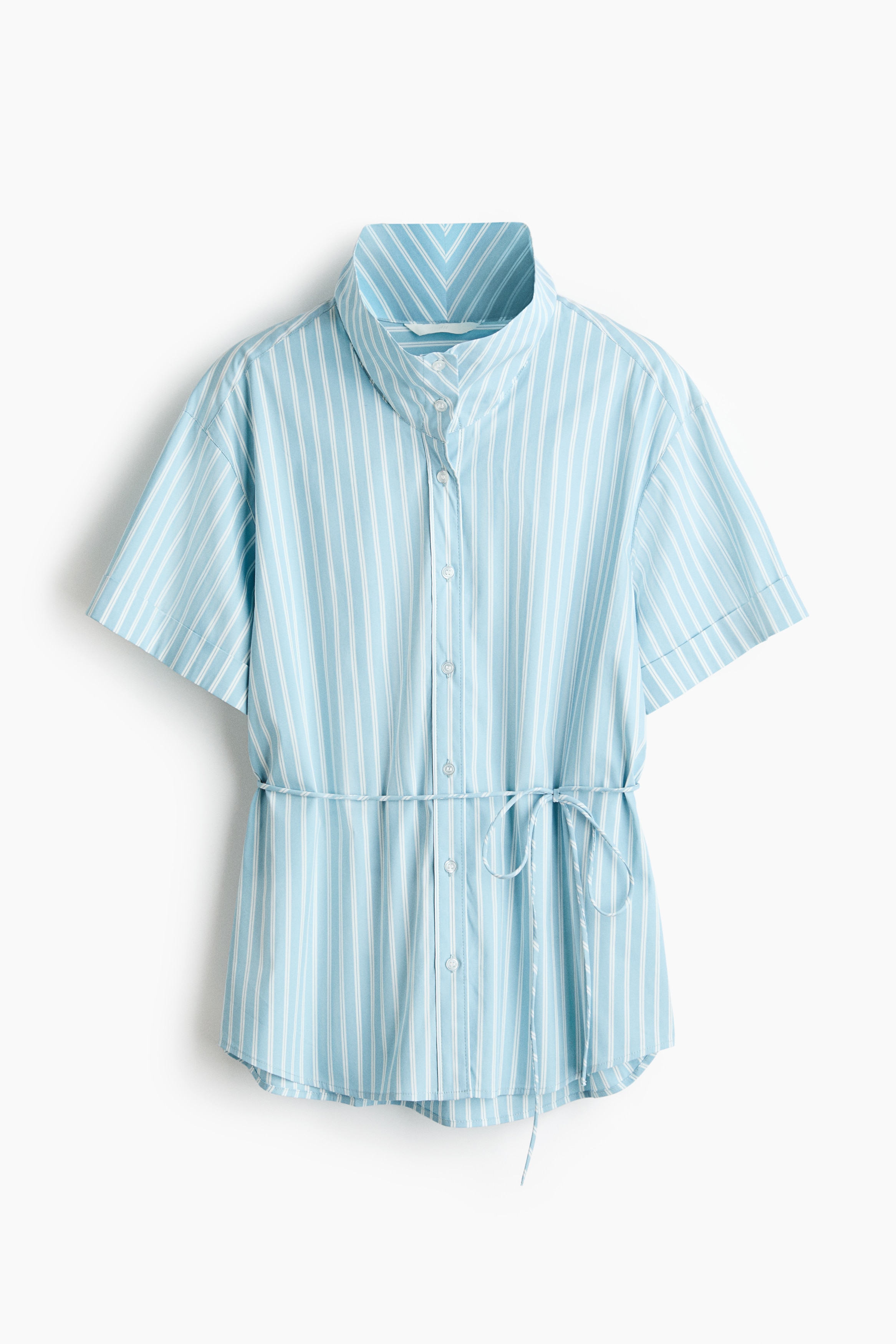 Short-Sleeved Tie-Belt Shirt - Light turquoise/striped/Ivory