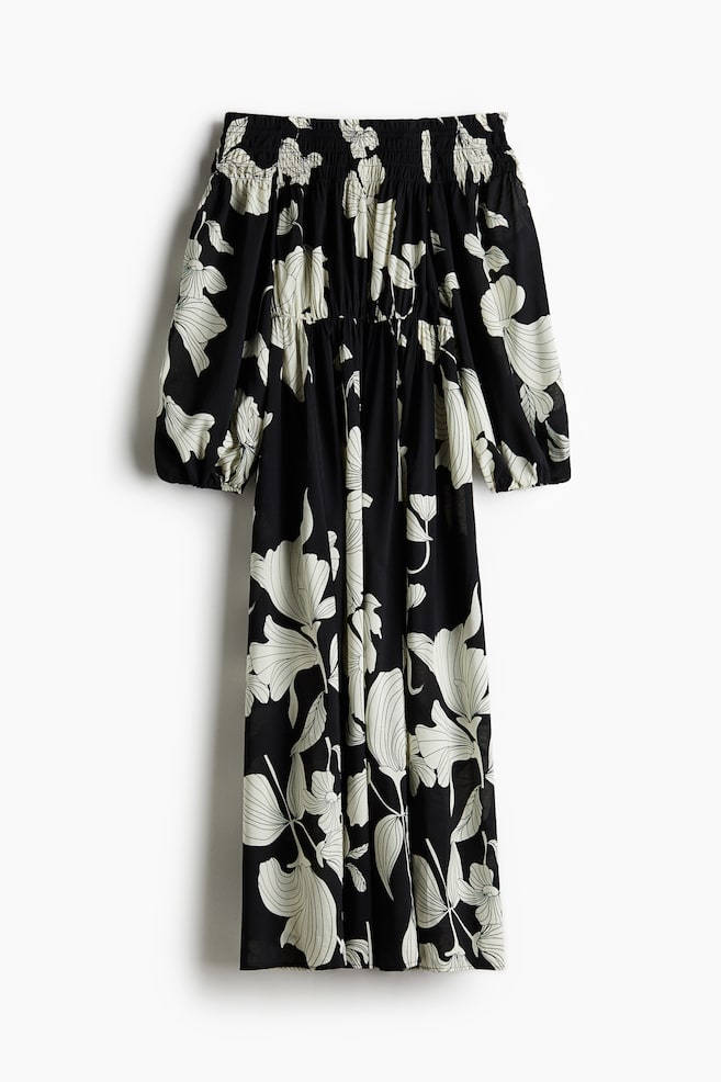 Gesmoktes Off-Shoulder-Kleid - Schwarz/Weiß geblümt/Knallrot - 1