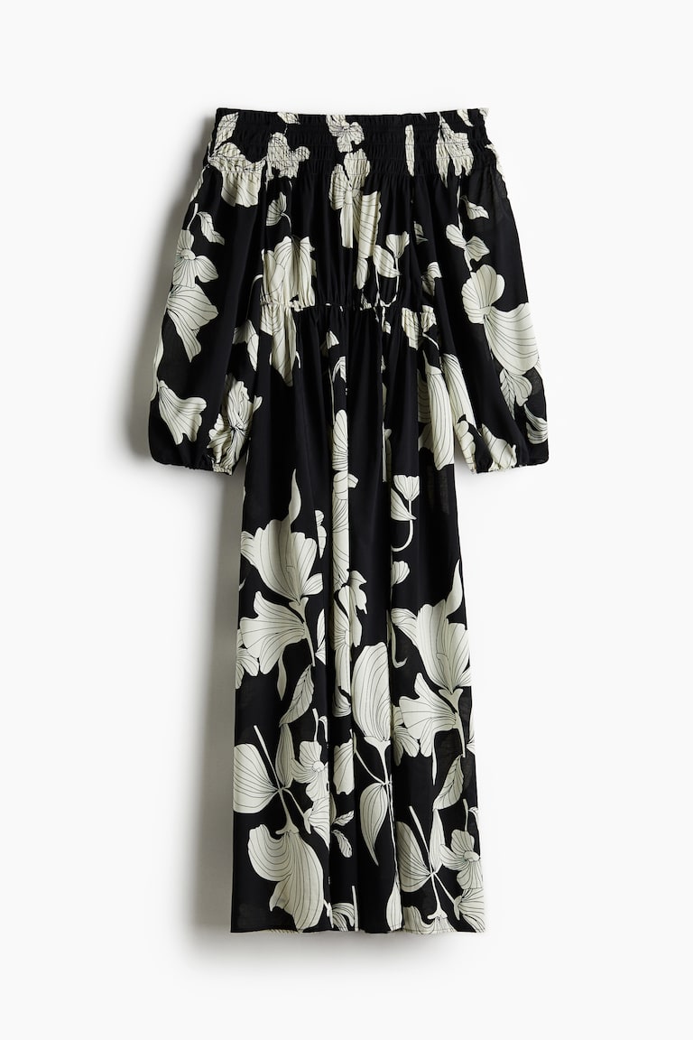 Women's Black/white floral Smocked Off-the-shoulder Dress | H&M US
