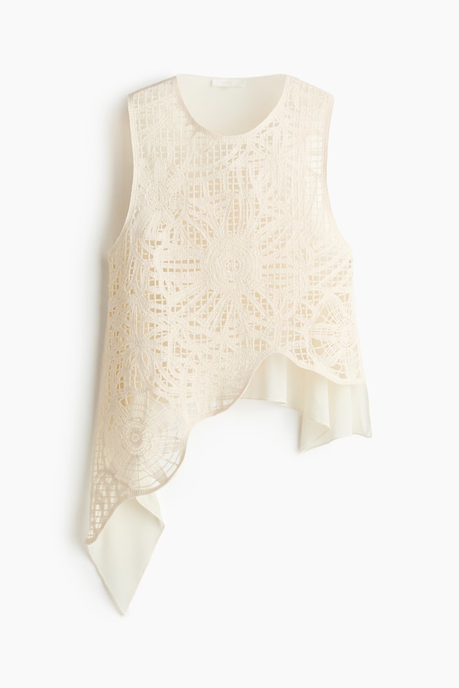 Asymmetric crochet-look top - Cream - 1