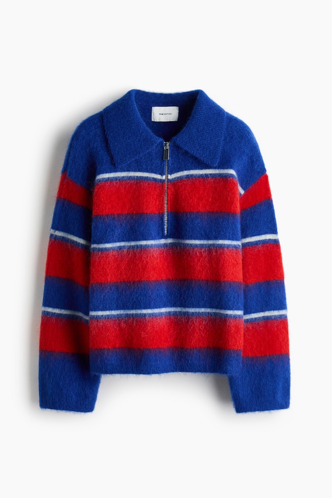 Pullover mit Zipper aus Mohairmix - Knallblau/Rot gestreift - 1
