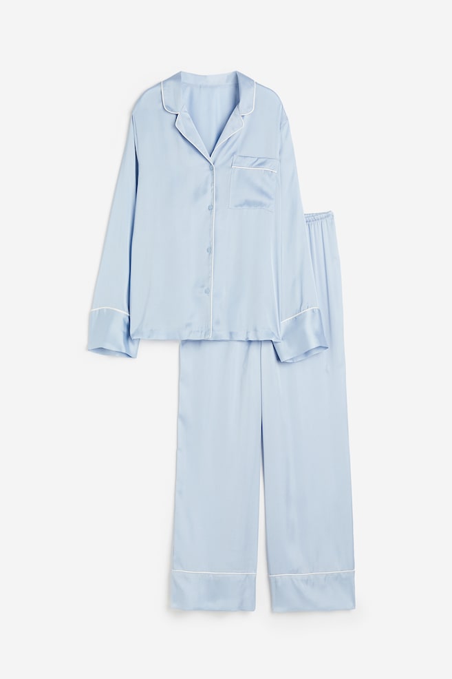 Pyjama en satin avec chemise et pantalon - Bleu clair/Rose poudré/Blanc/Gris clair/pois/Bleu marine - 2