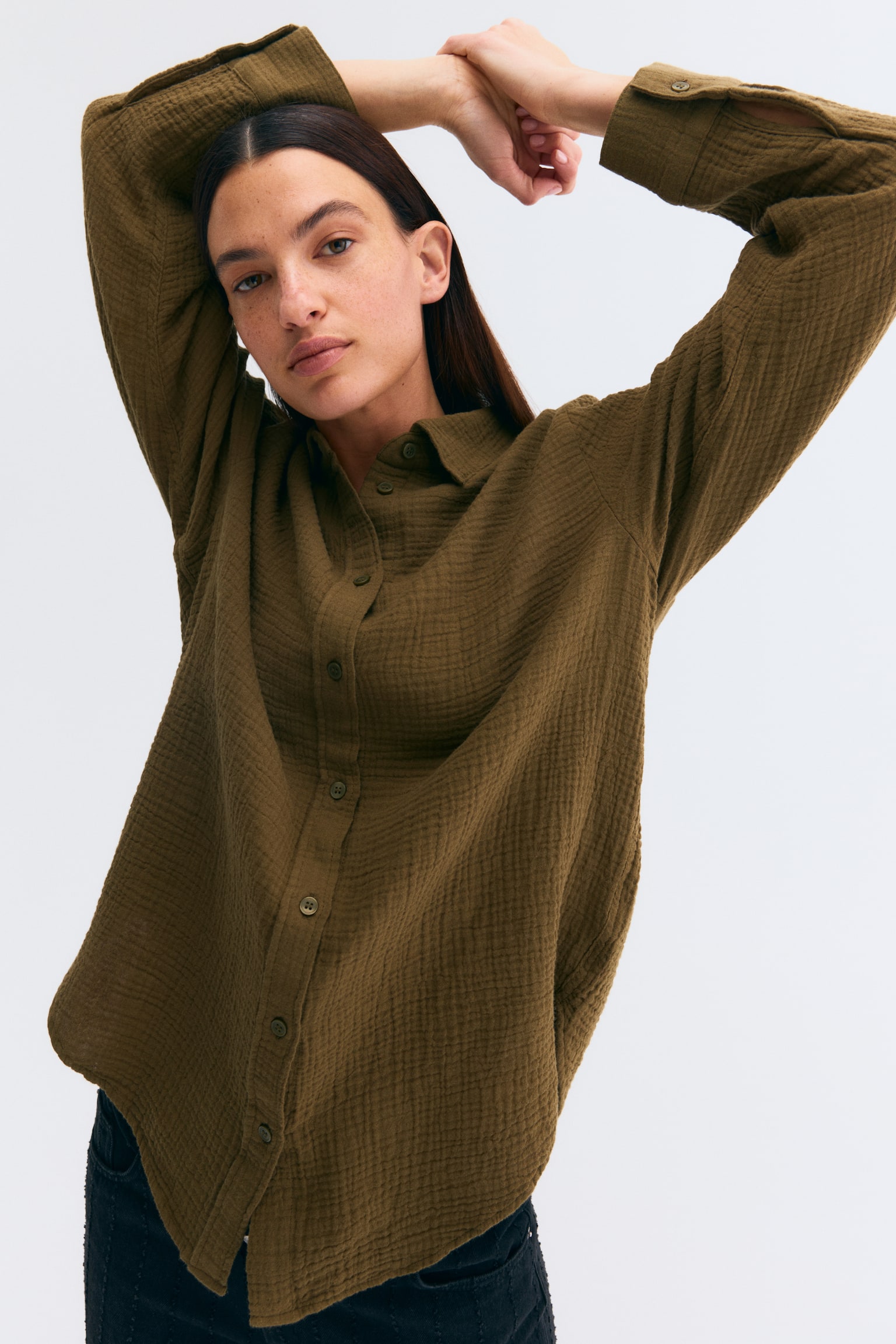 MAMA 產前/產後細棉紗布襯衫 - 深卡其綠/米色/條紋/白色 - 6