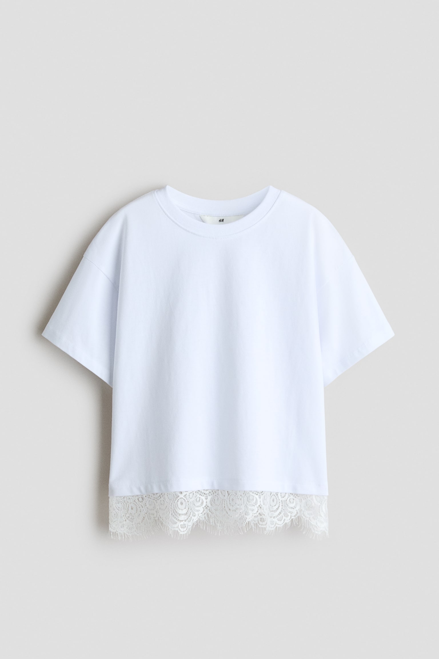 T-shirt en coton avec dentelle - Blanc/Bleu ancien clair