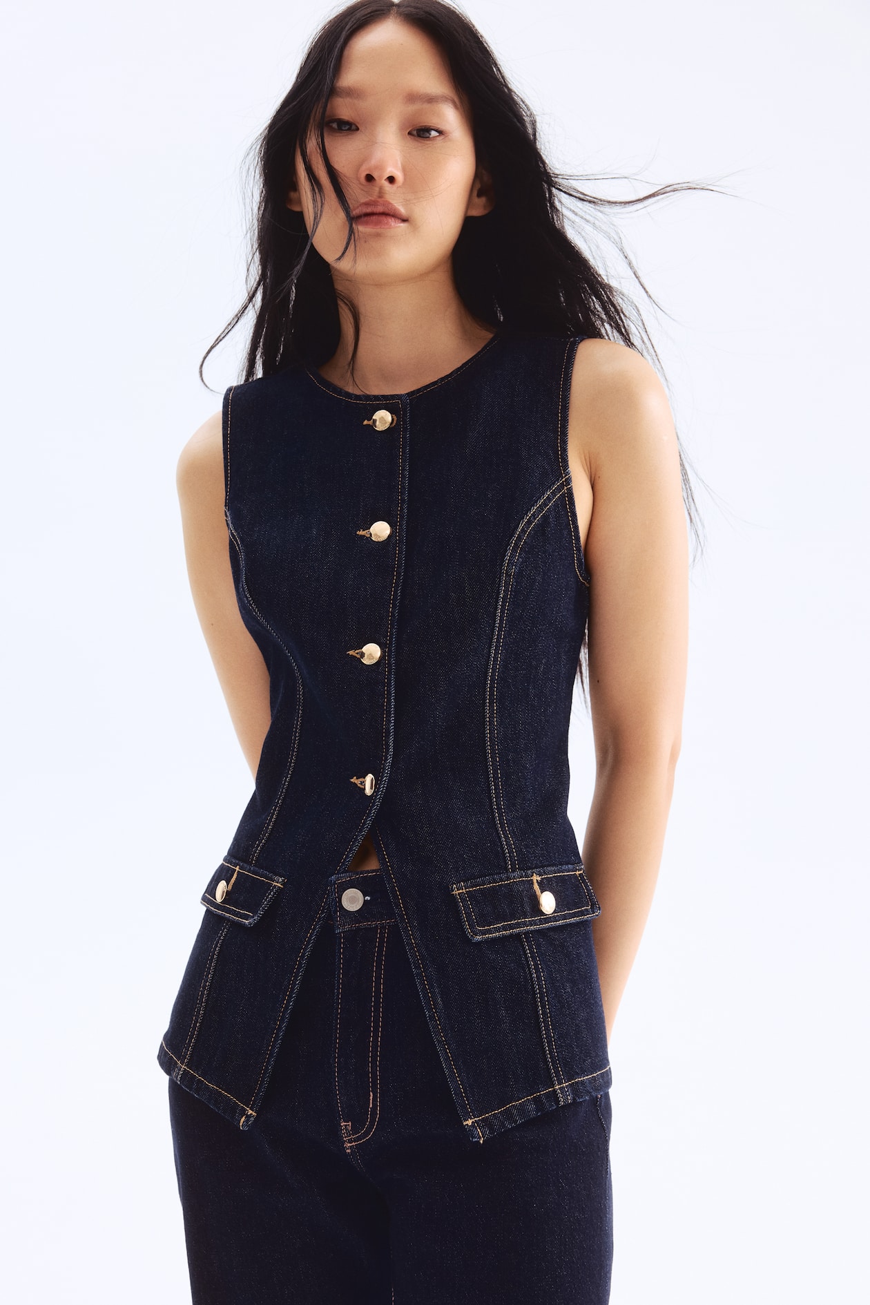 Women's Dark denim blue Tapered-Waist Denim Vest | H&M CA