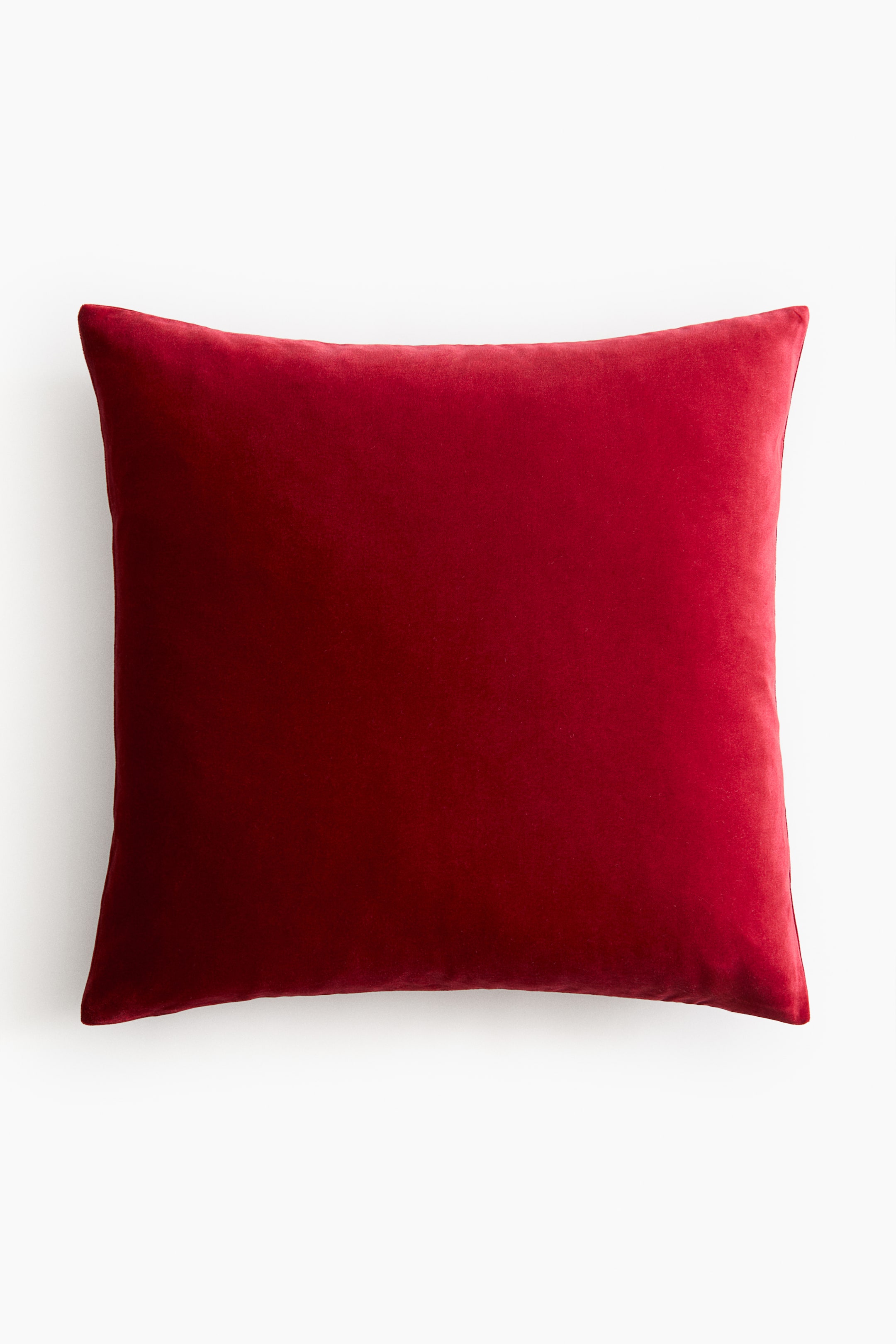 View larger image: A square cotton velvet cushion cover is shown in a deep red colour, featuring a plush, velvety texture and a subtle sheen.