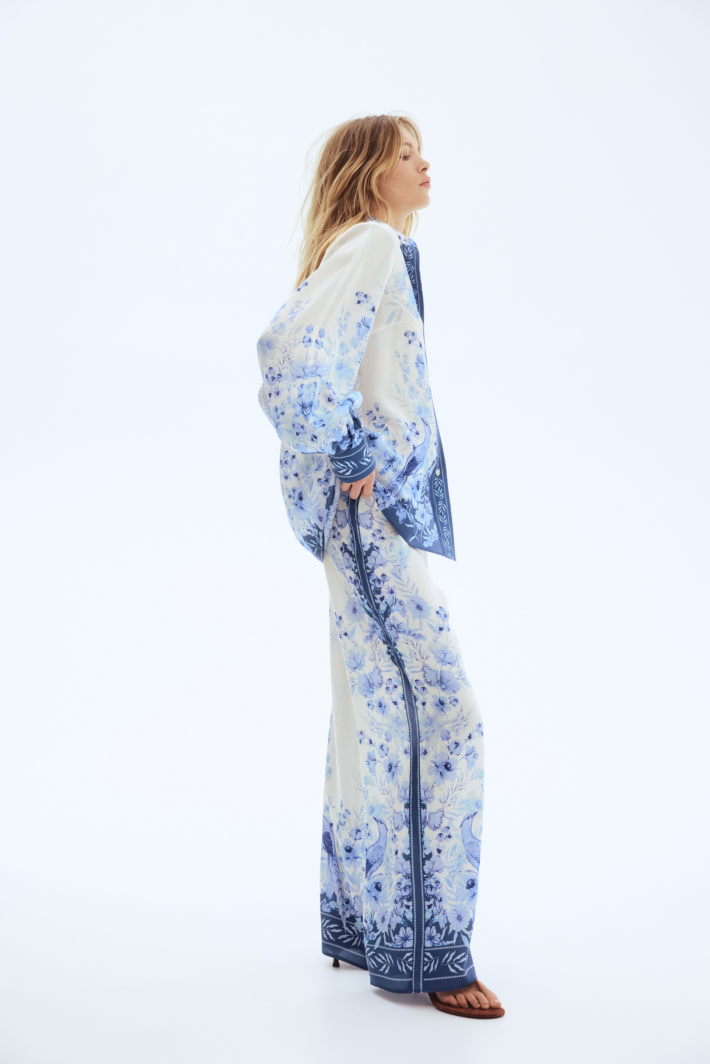 Broek van lyocell met print - Roomwit/blauwe bloemen