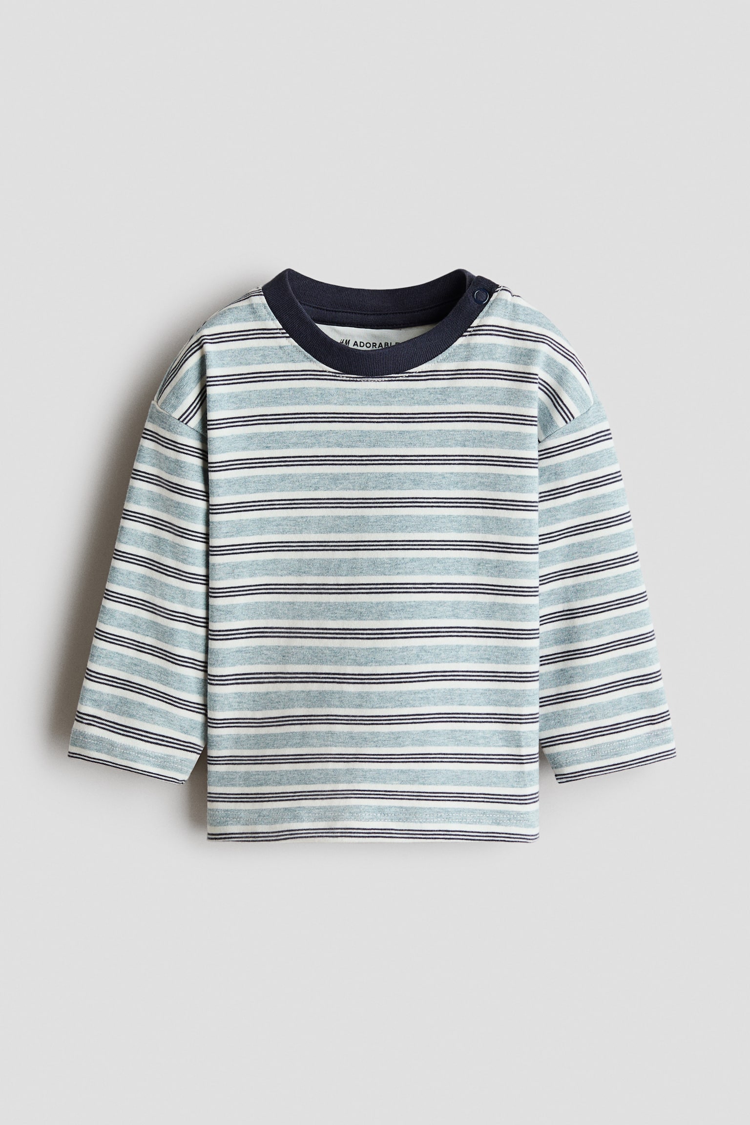 Long-sleeved cotton T-shirt - Turquoise/Striped/Cream/Navy blue striped/Light beige/Croissant - 1