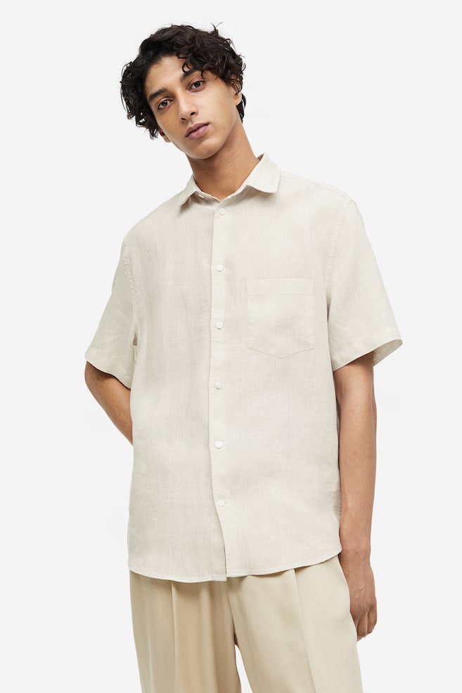 Regular Fit Short-sleeved linen shirt - Light beige/White/Dark brown/White/dc/dc - 1
