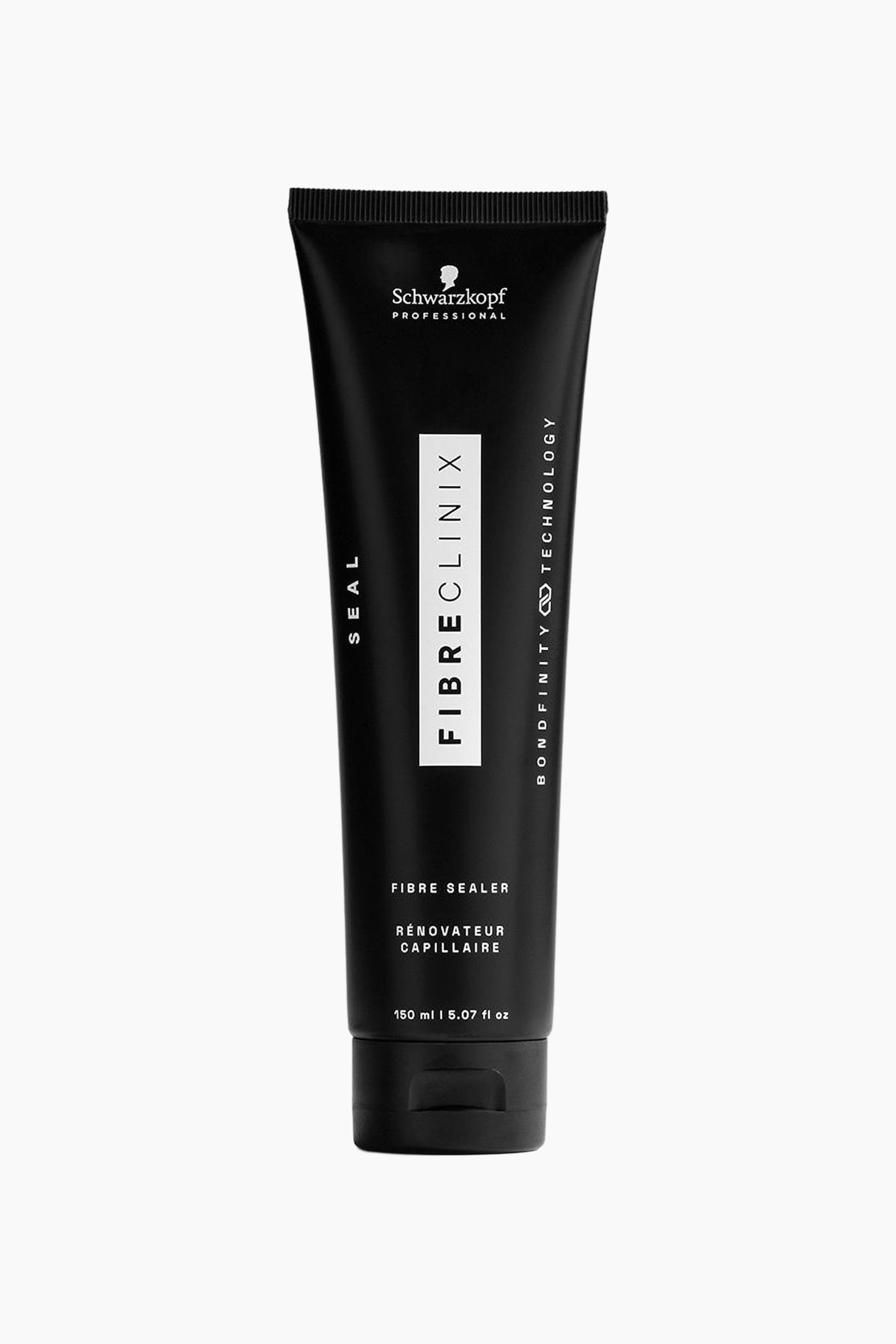 Visa större bild: En framifrån fotograferad tub av Schwarzkopf Professional Fibre Clinix Fibre Sealer står upprätt och har en matt svart finish med ett matchande svart flip-top-lock. Tuben visar en tydlig vertikal vit rektangulär etikett i mitten med ”FIBRE CLINIX” tryckt i svart, kompletterad av vit varumärkes- och produktinformation på båda sidor samt nära botten.