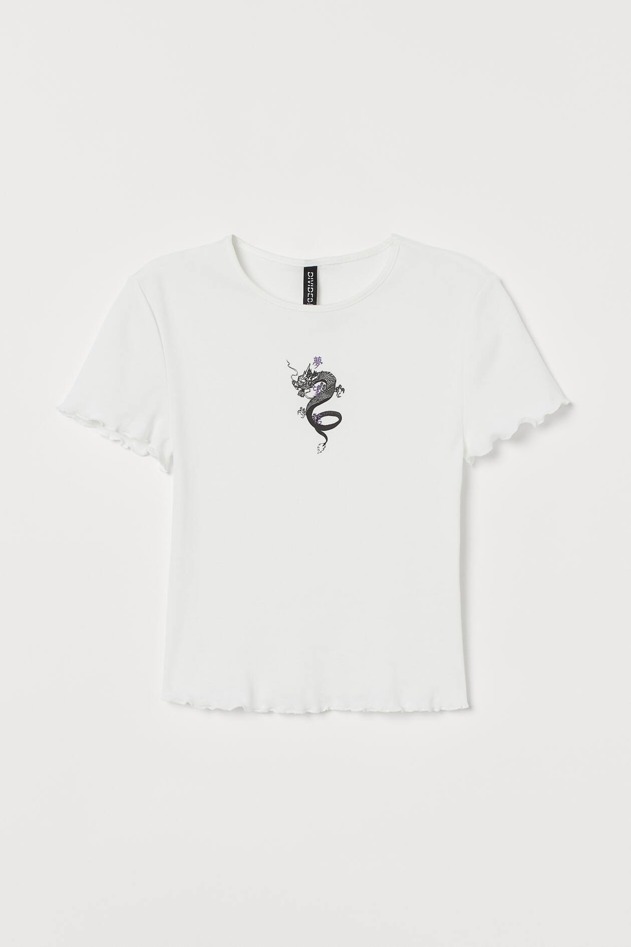 Short Top - Round Neck - Short sleeve - White/dragon - Ladies | H&M US