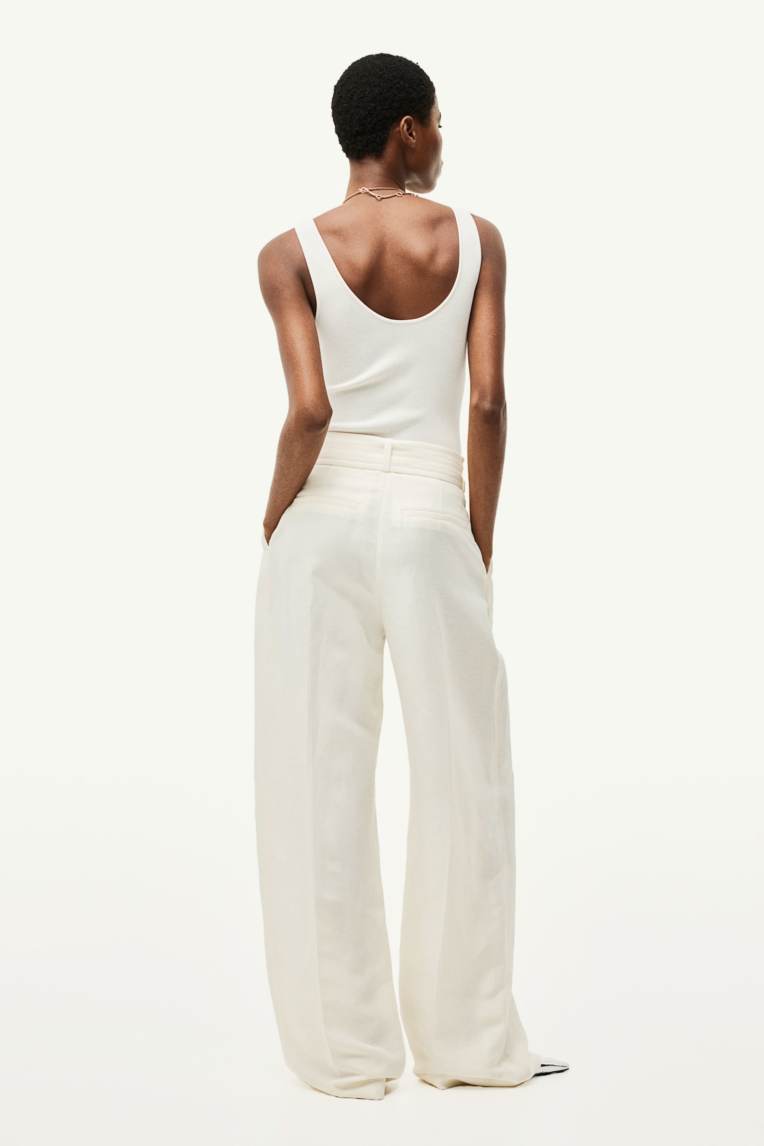 Linen Blend Belted Pants - White - 5