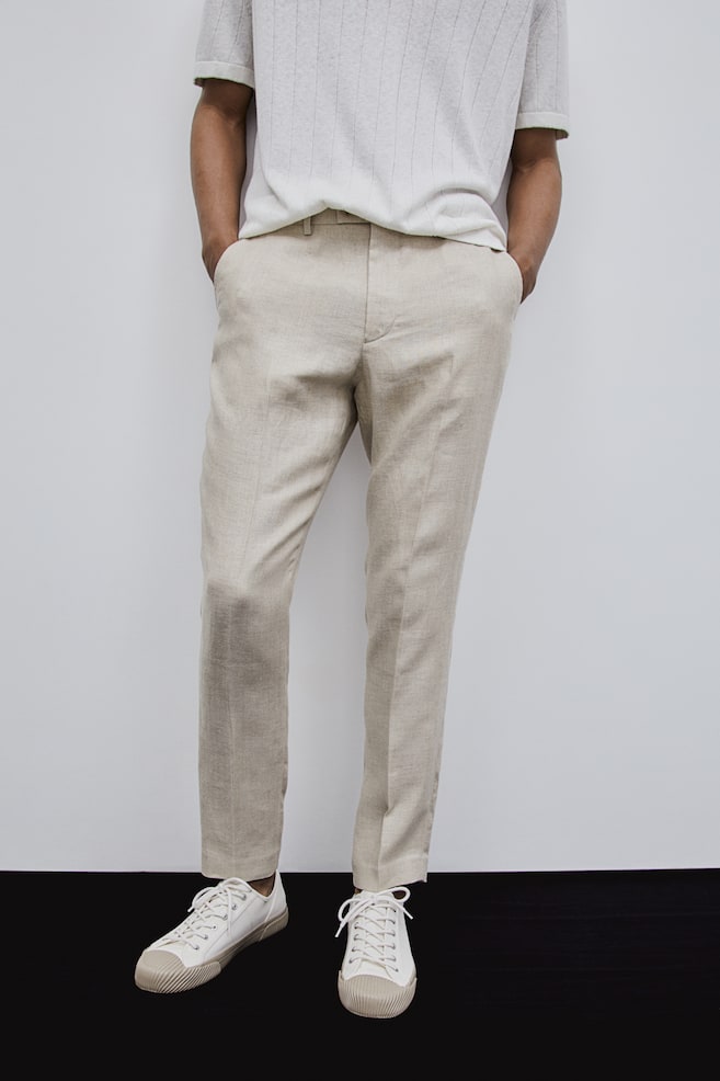Slim Fit Linen Suit Pants - Beige - 5
