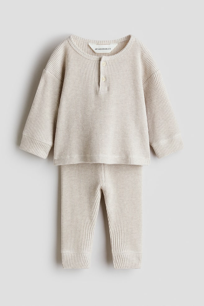 2-piece Waffled Cotton Set - Light beige/Light dusty green - 1