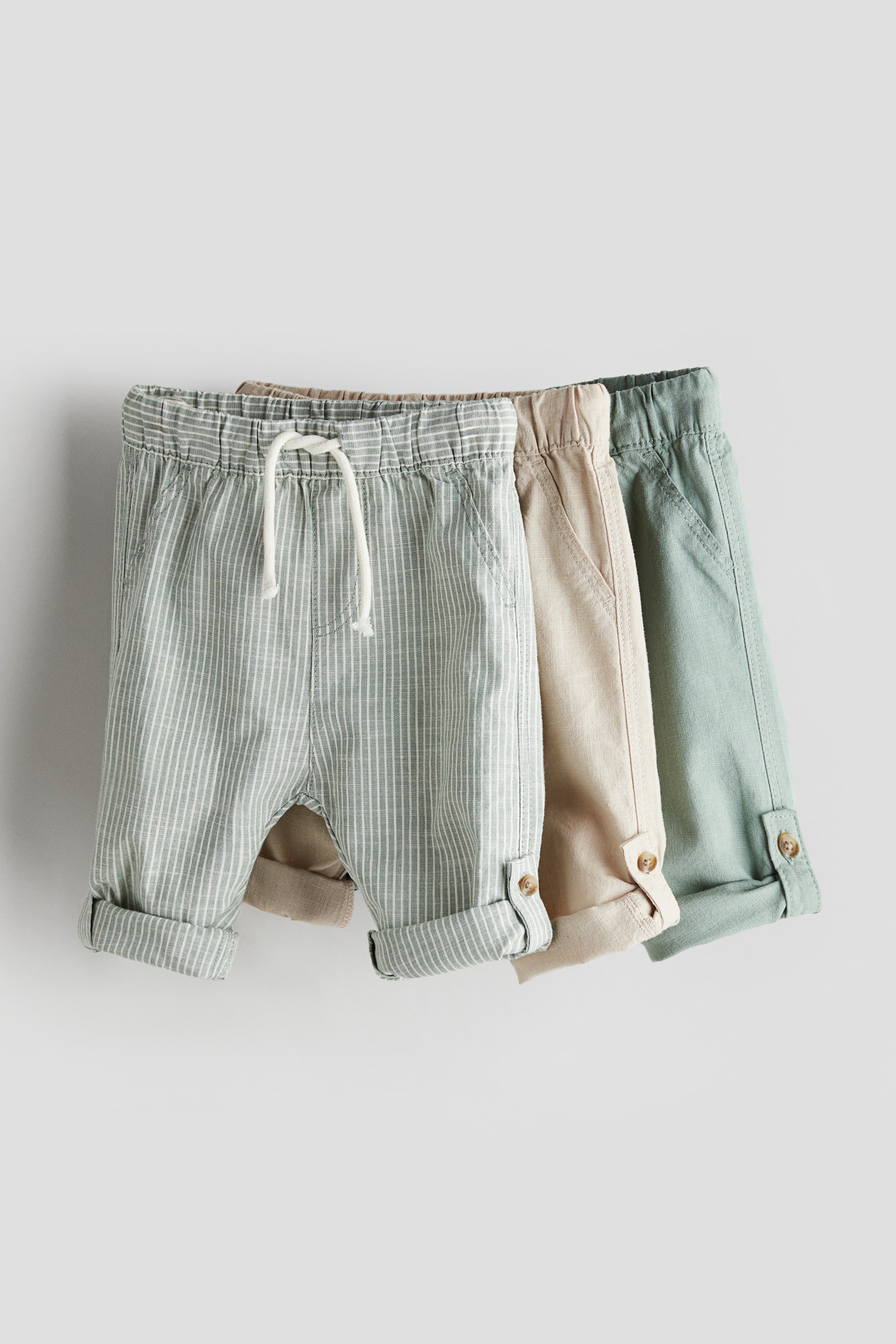 3-pack Cotton Roll-up Pants - Light dusty green/striped - Kids 