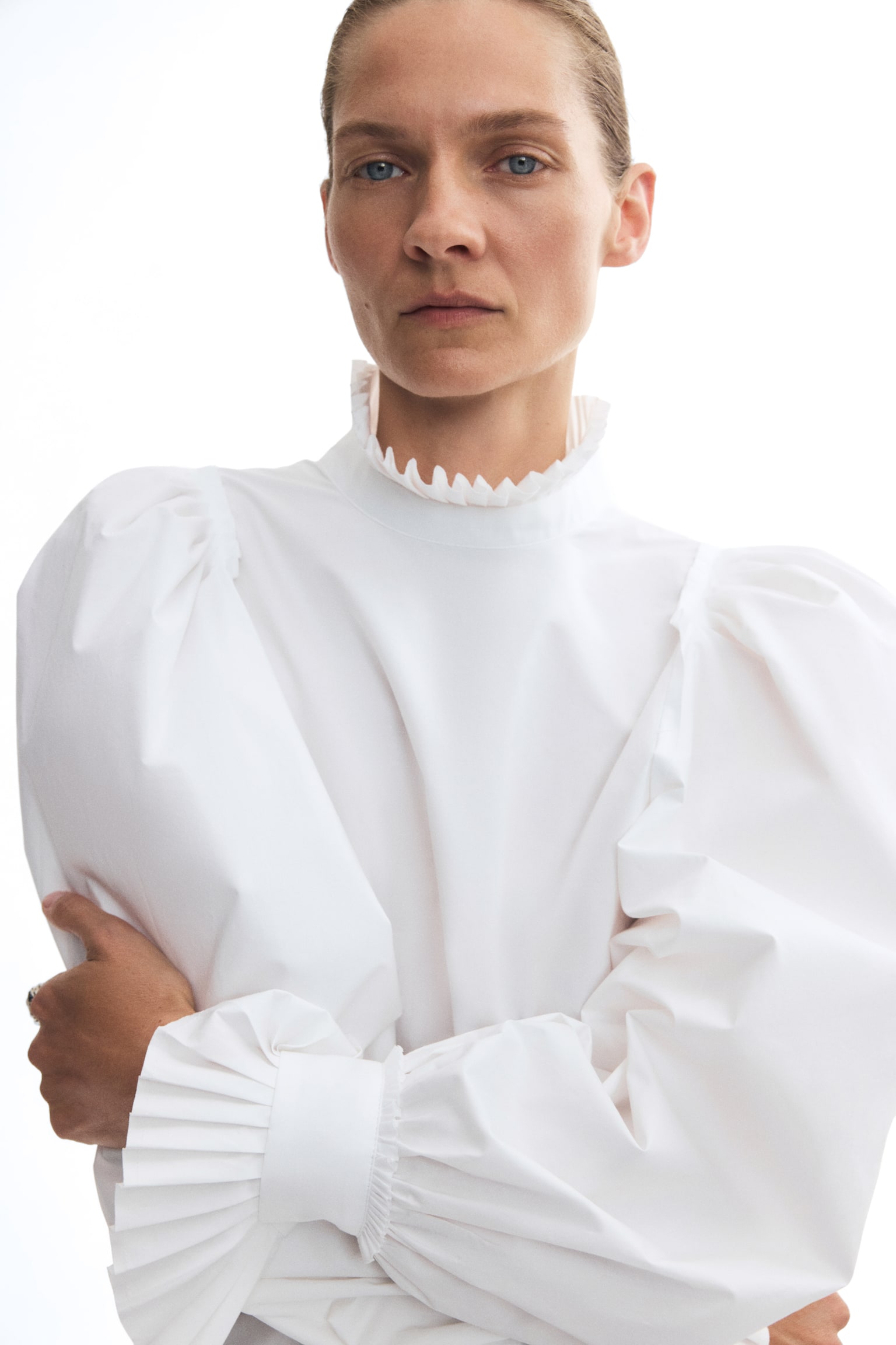 Женская блузка H&M Balloon-Sleeved Cotton Blouse, цвет: Белый — фото 3