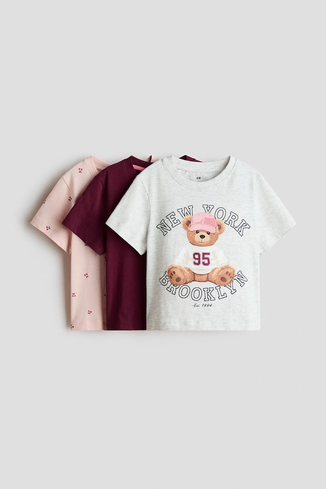 Lot de 3 T-shirts imprimés - Gris clair chiné/New York/Blanc/coquillages/Rose clair/licorne/Beige/Mon Amour/Rose clair/boucles/Beige clair/fleur - 1