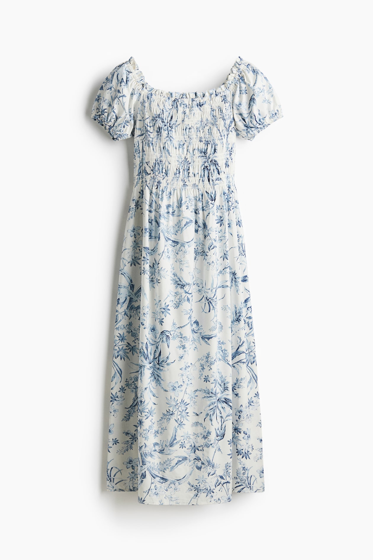 Women's White/Blue floral Smocked off-the-shoulder dress | H&M Women's White/Blue floral Smocked off-the-shoulder dress | H&M