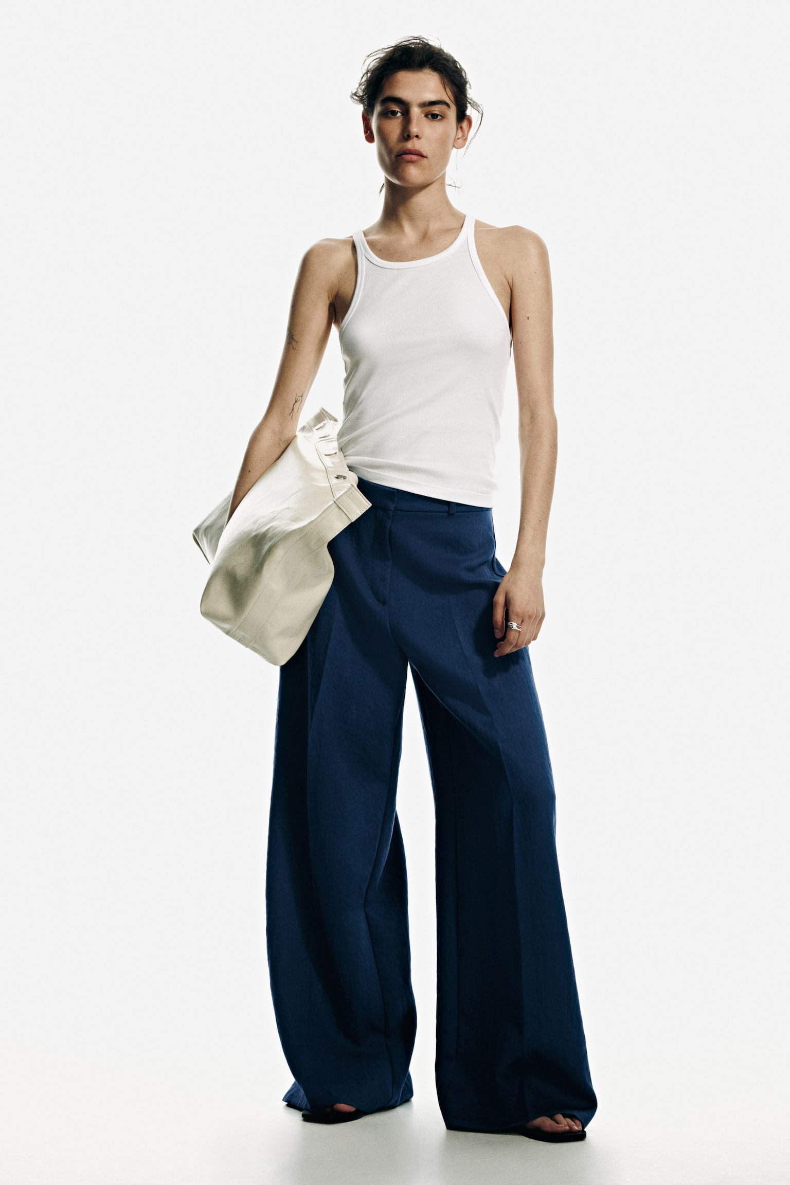 Wide tailored trousers - Dark blue/Black/Light beige/Dark rust brown - 5