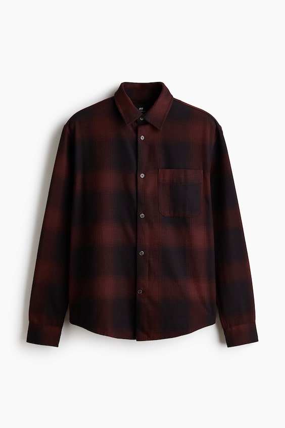 Мужская рубашка H&M Loose-Fit Flannel, цвет: Коричневый / Клетчатый