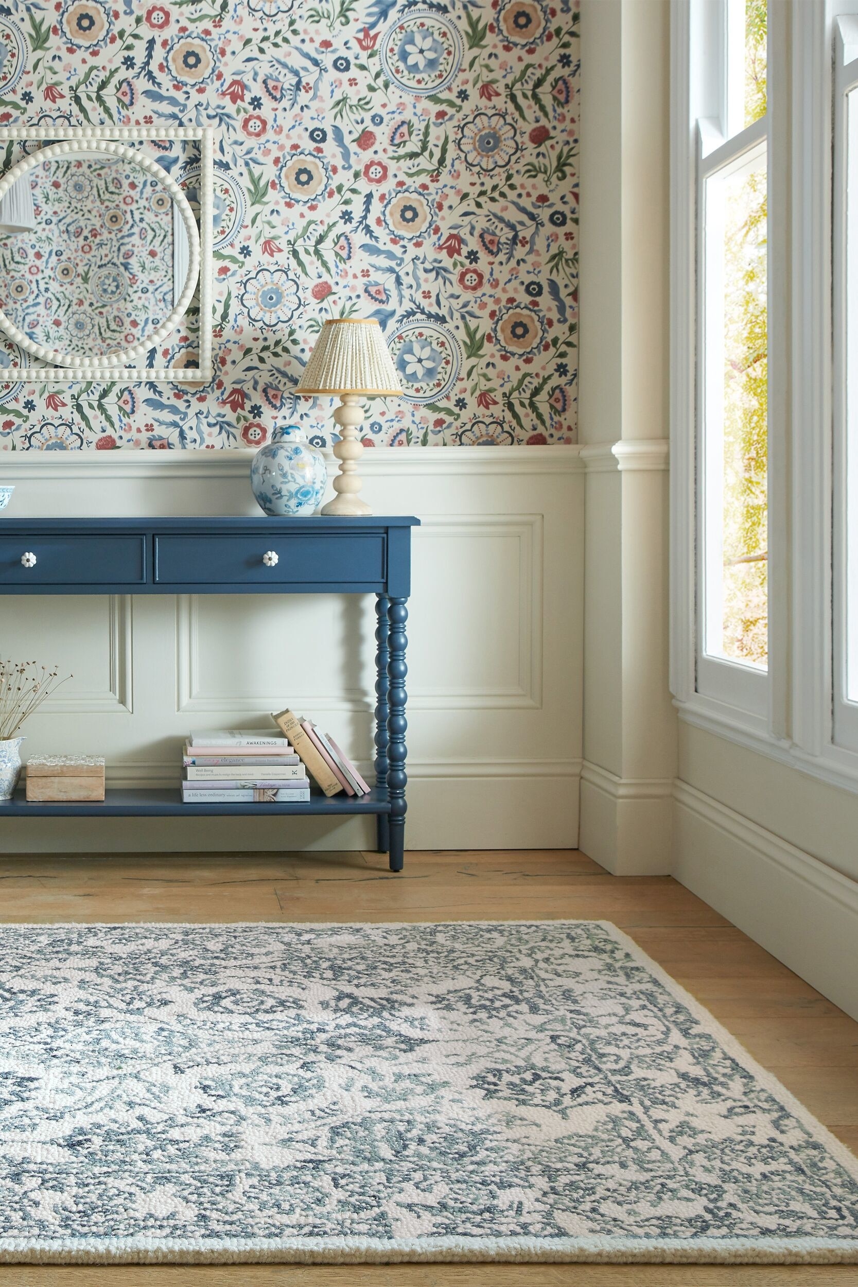 Yasmin Blomstermønstret Tæppe - Ivory/blå