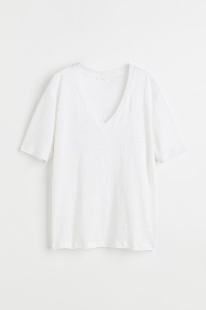 T-shirt en jersey de lin avec encolure en V - Blanc/Noir/Bleu clair/Rouge brique - 2