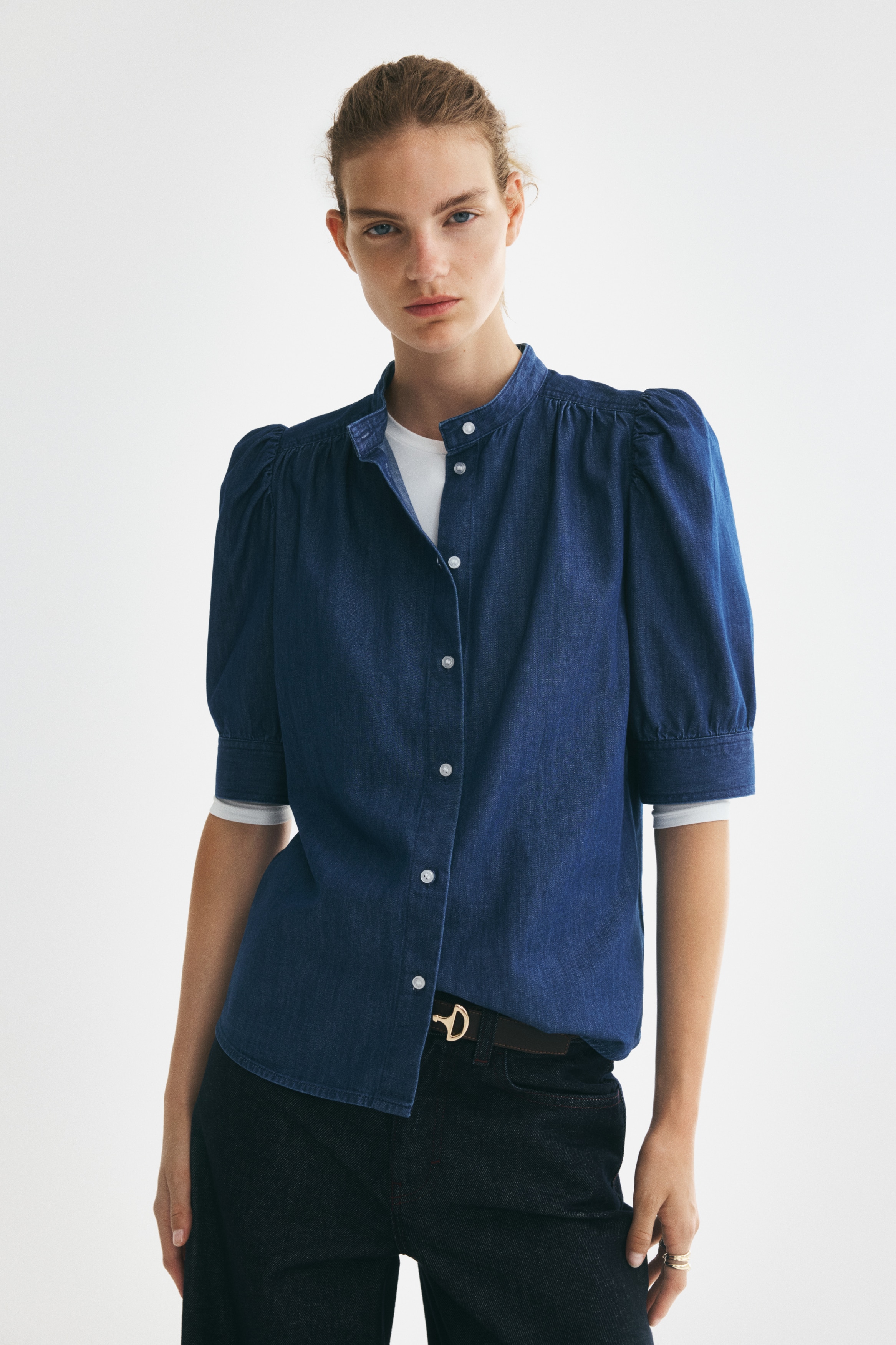 Áo kiểu tay bồng - Màu xanh denim đậm