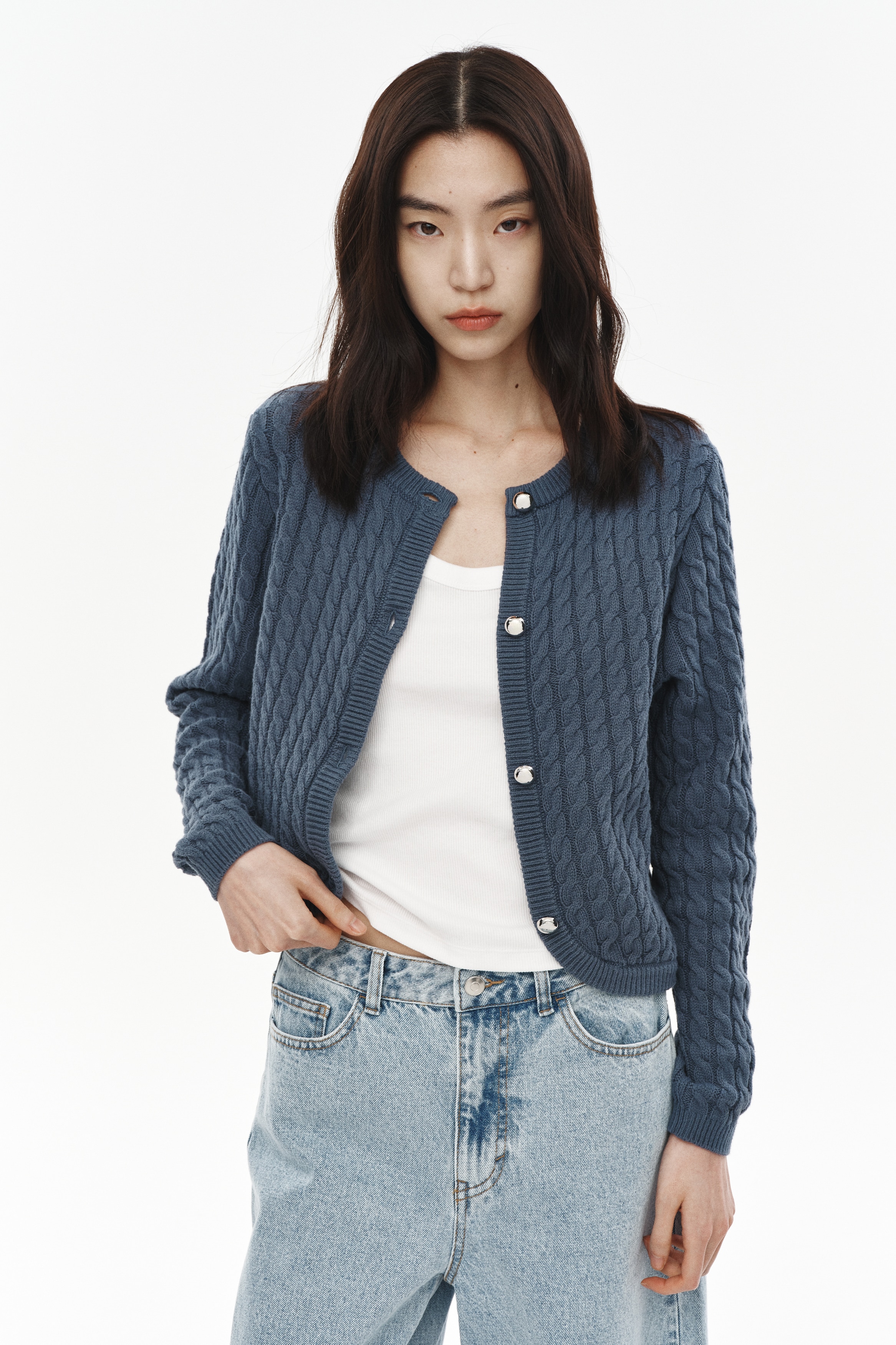 Áo cardigan dệt vặn thừng - Màu xanh dương khói/Màu đen