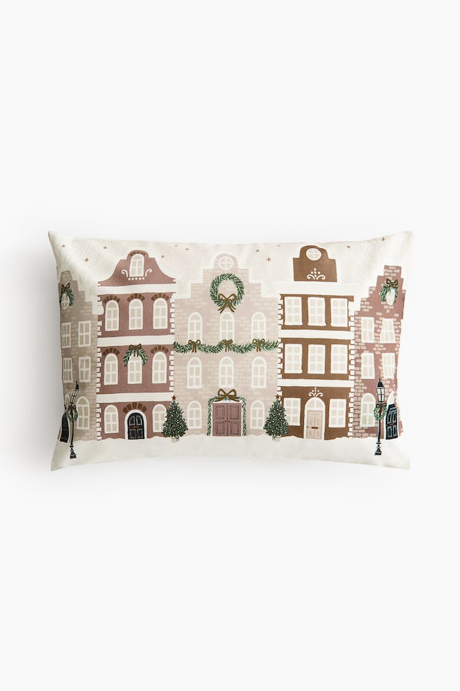 Printed Cotton Canvas Cushion Cover - Light beige/buildings/Pink/buildings - 1