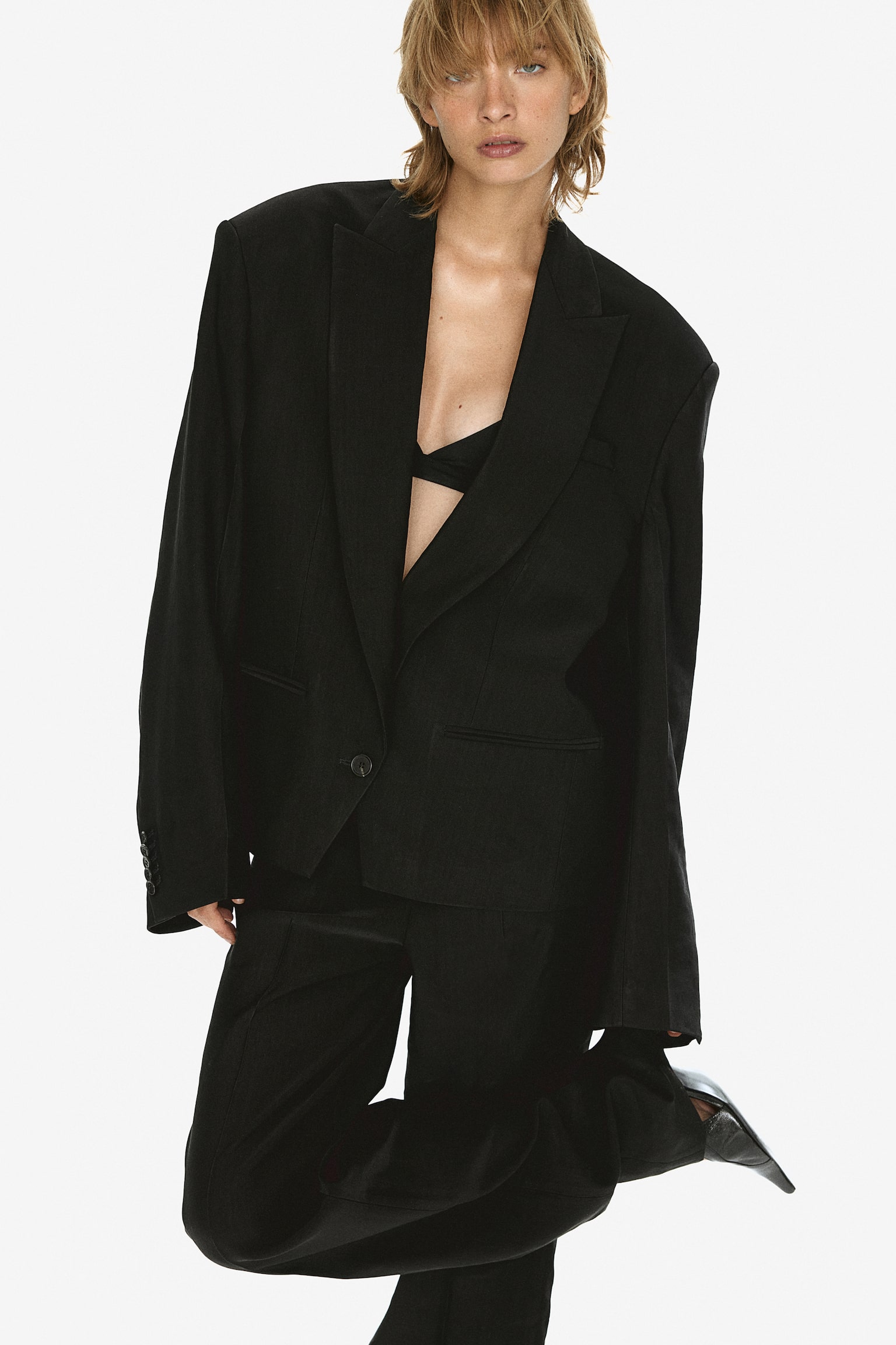 Oversized linen-blend blazer - Black - 1