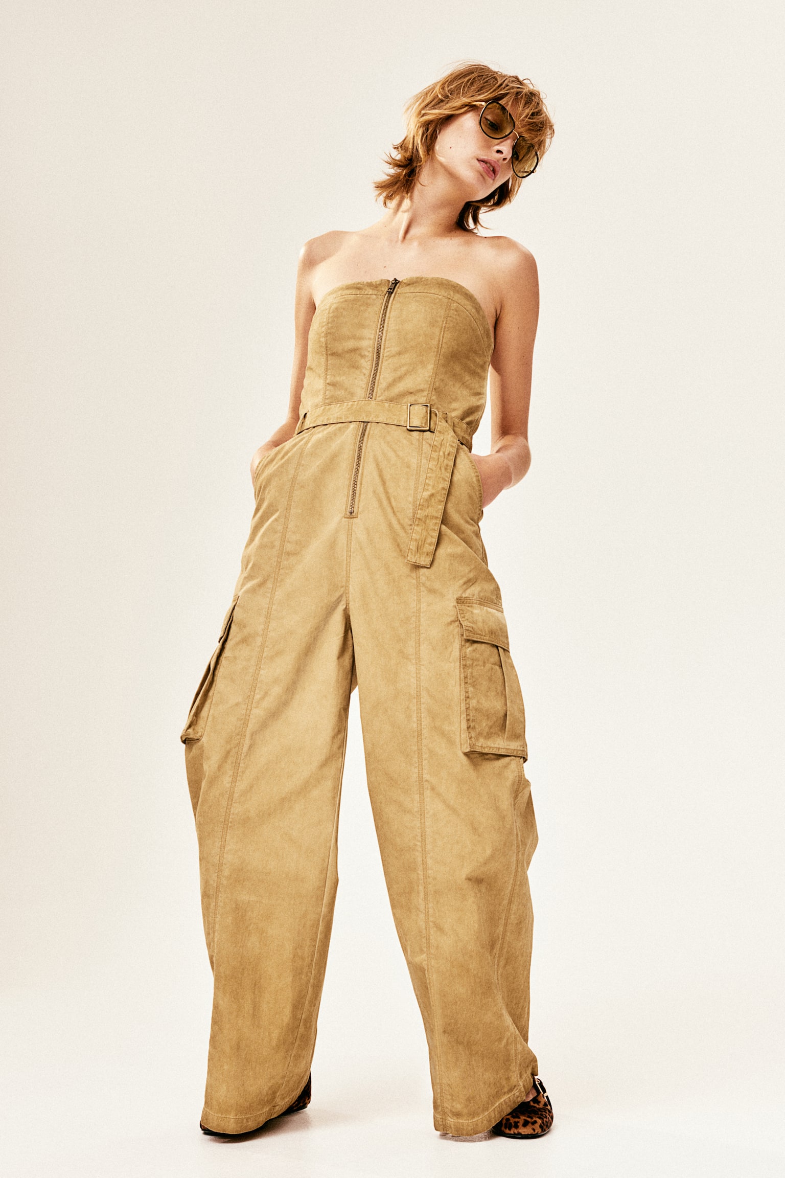 Belted bandeau jumpsuit - Beige - 5