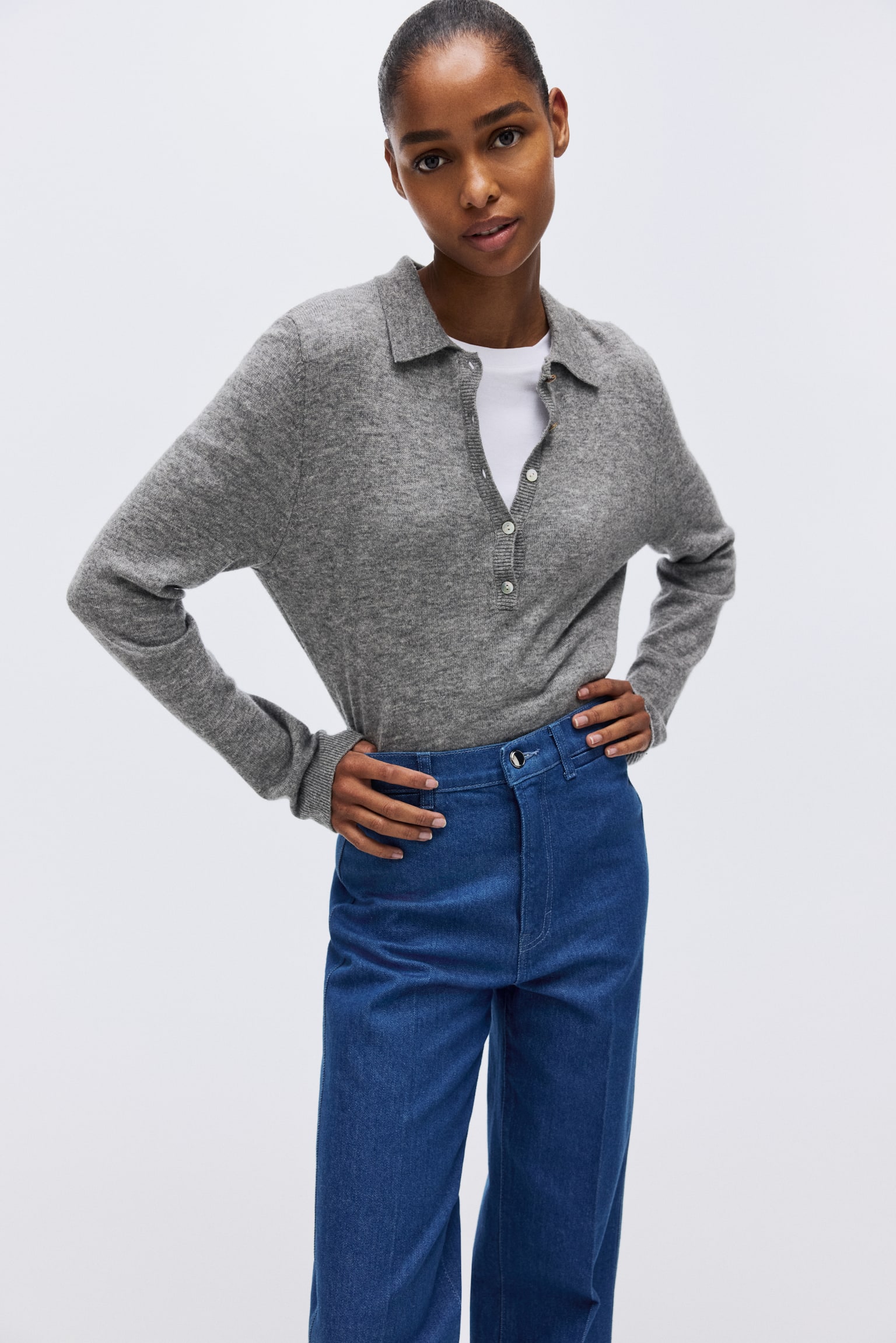 直筒高腰牛仔褲 - 丹寧藍/深丹寧藍 - 3