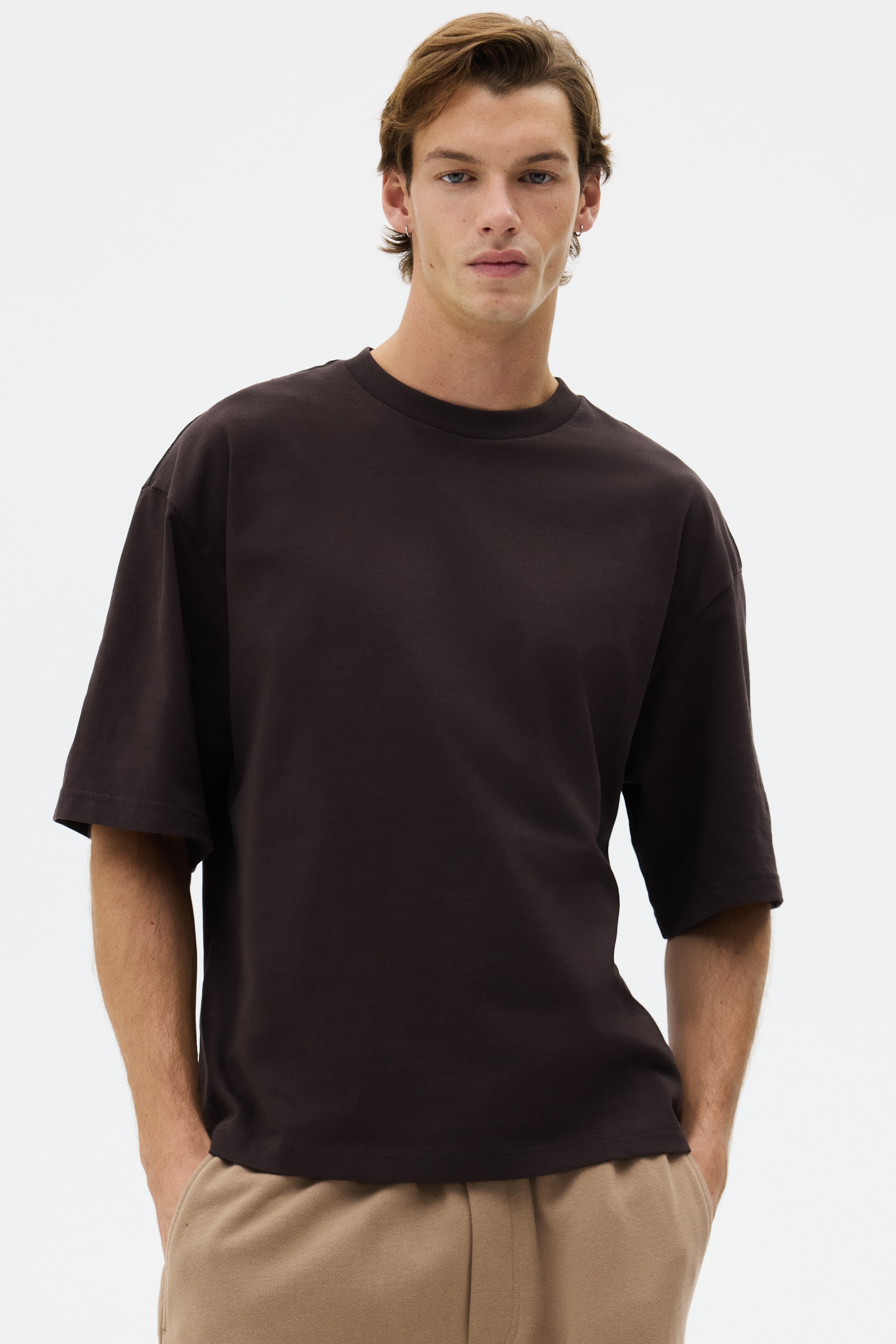 T-shirt Oversized Fit - Ciemnobrązowy/Szary melanż/Śliwkowy/Czarny/Biały/Miętowozielony/Ciemna zieleń khaki