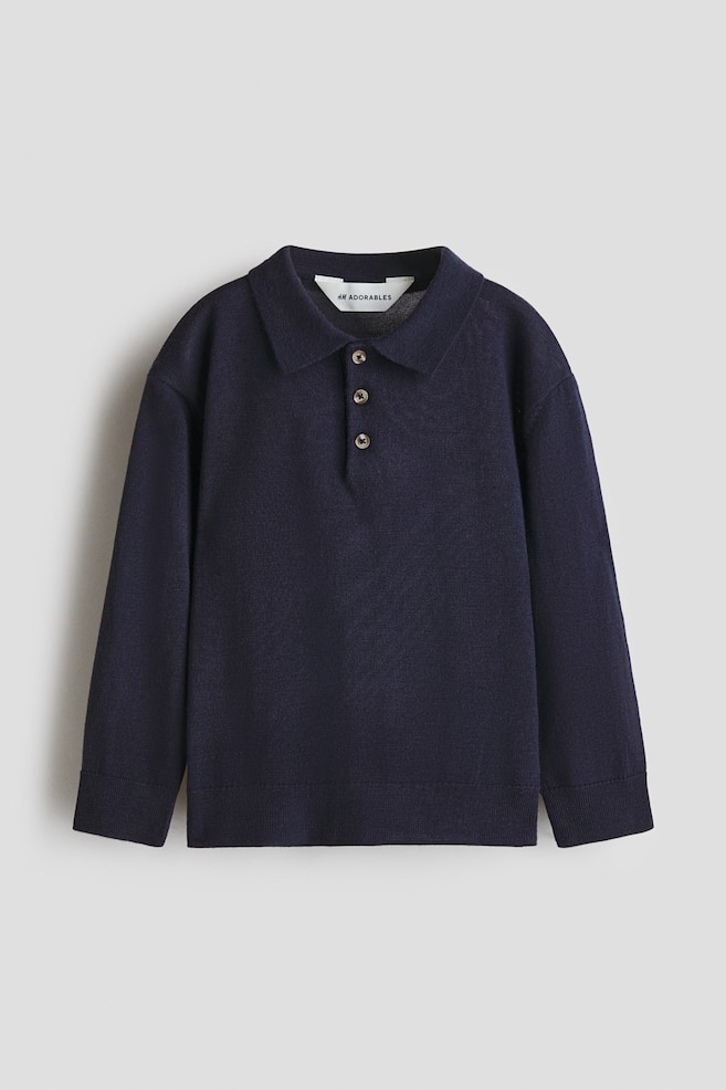 Pull façon polo en maille de laine - Bleu marine - 1