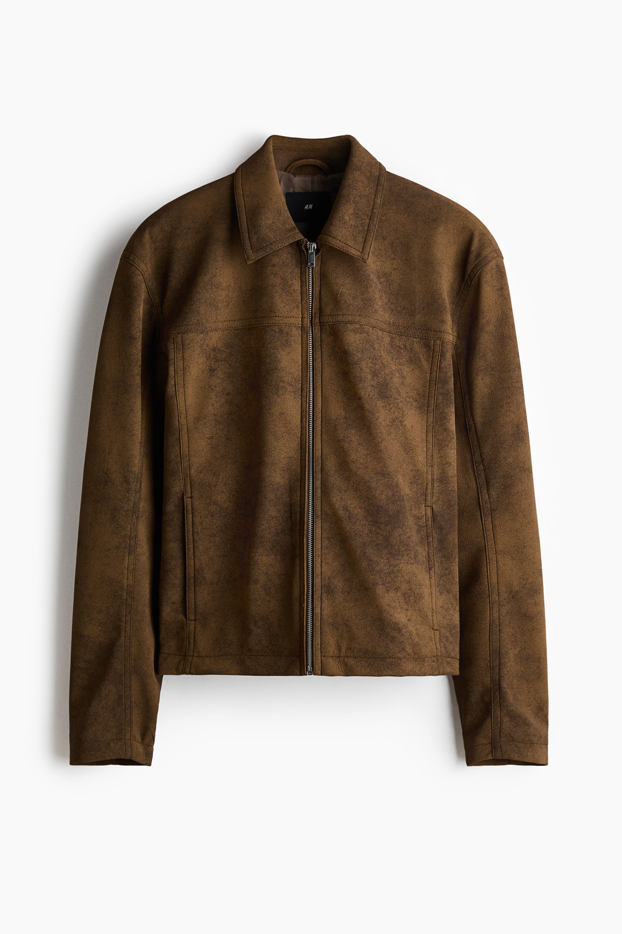 View larger image: A brown jacket with a distressed texture is facing forward, featuring a pointed collar and a full-length silver-toned zipper closure at the centre front. It includes two vertical welt pockets on the lower front and visible horizontal chest seams.