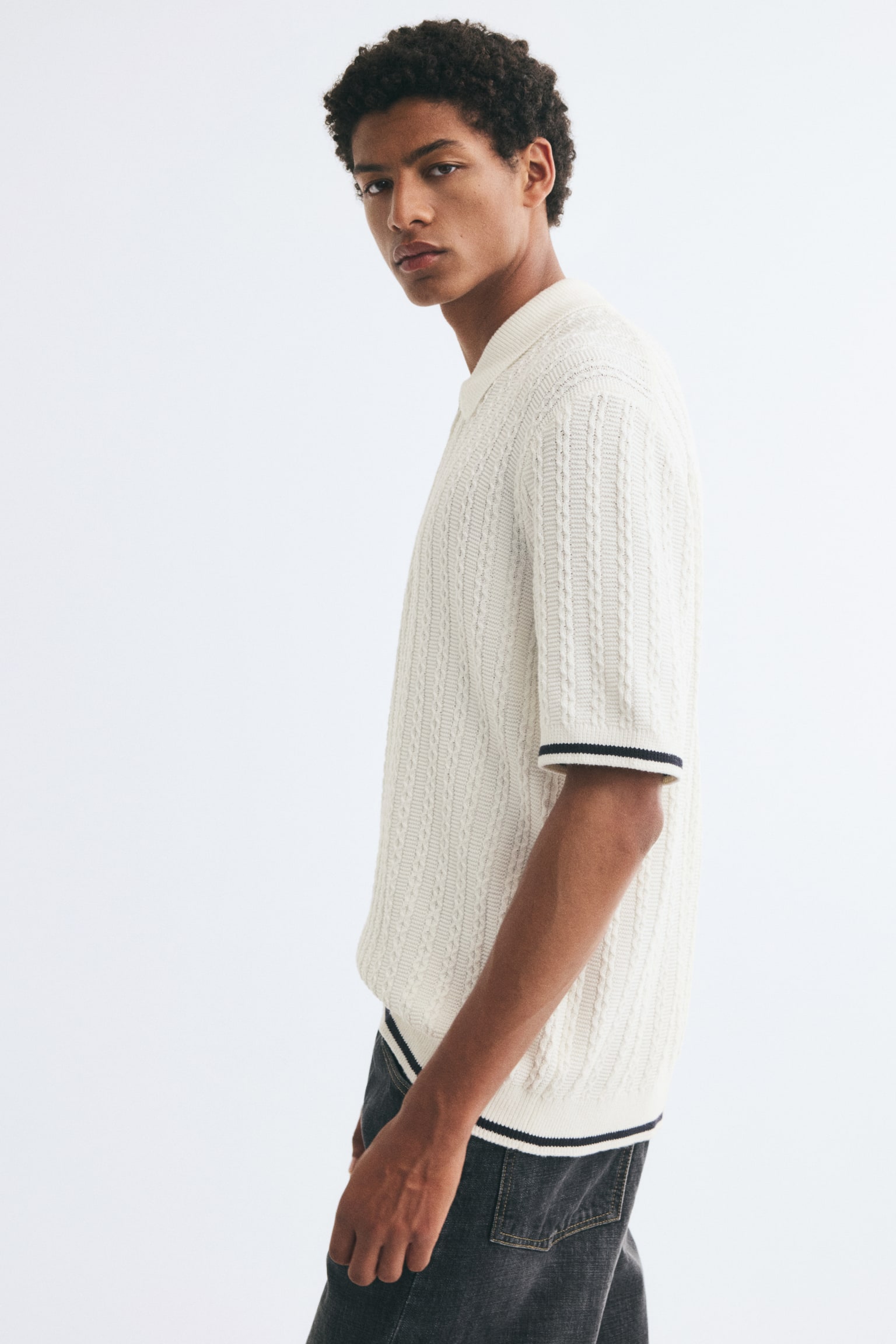 Мужское поло H&M Relaxed-Fit Half-Zip Polo Shirt, цвет: Кремовый — фото 6