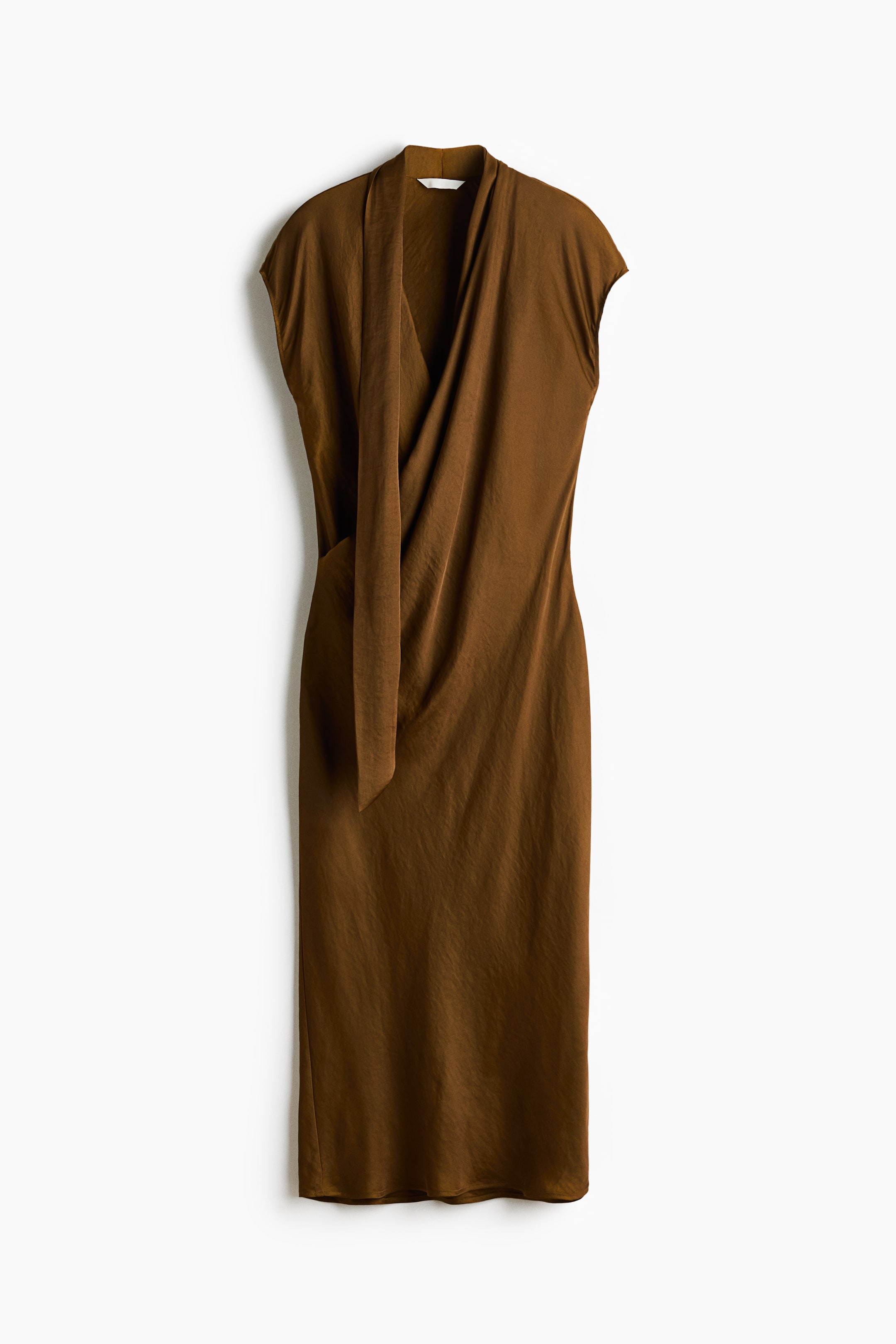View larger image: A brown midi dress featuring a draped front with a V-neckline and short cap sleeves. The fabric has a subtle sheen and textured finish.