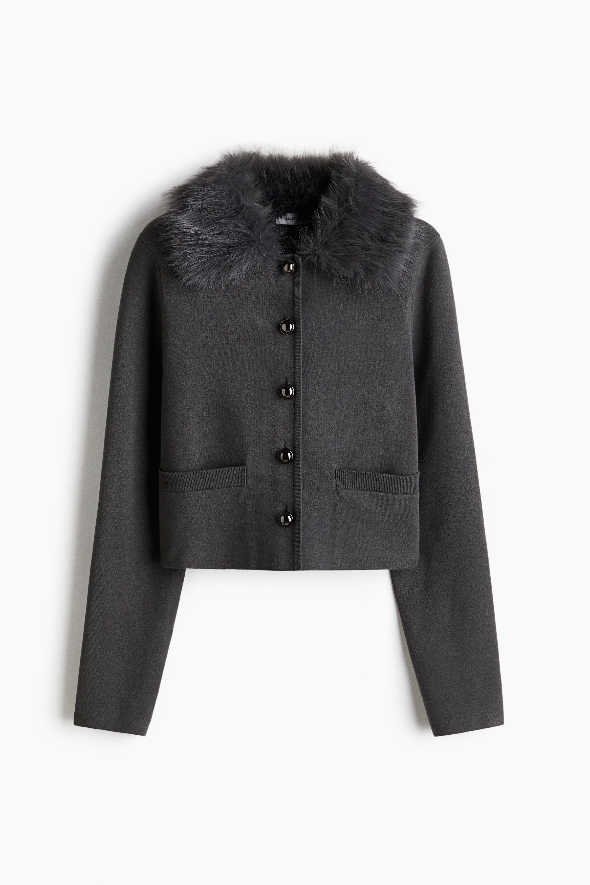 Finstrikket cardigan med krage - Mørk grå/Mørk brun