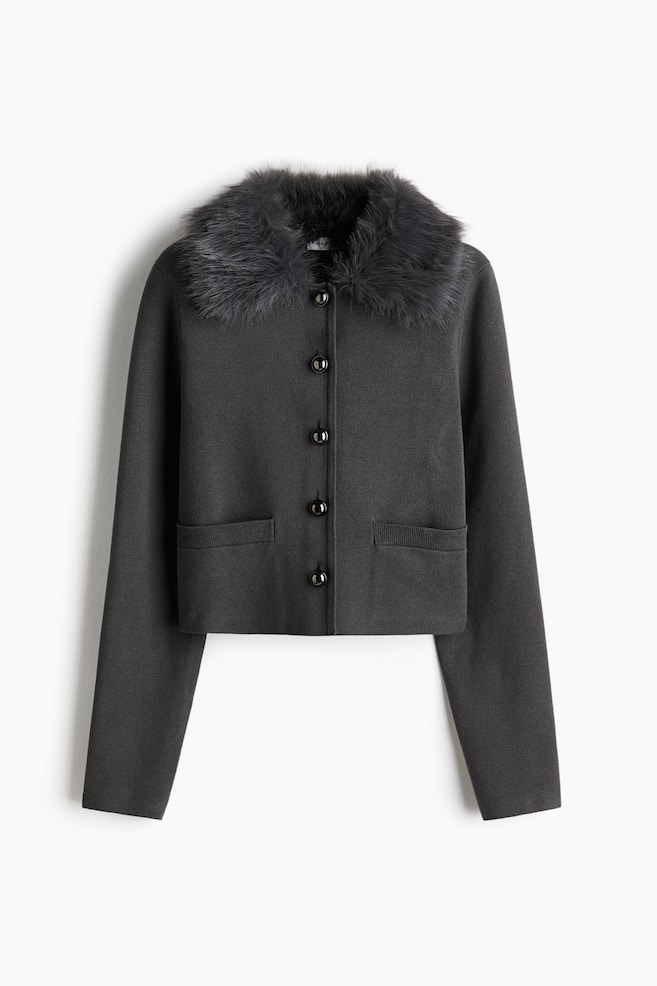 Fine-knit collared cardigan - Dark grey/Dark brown - 1