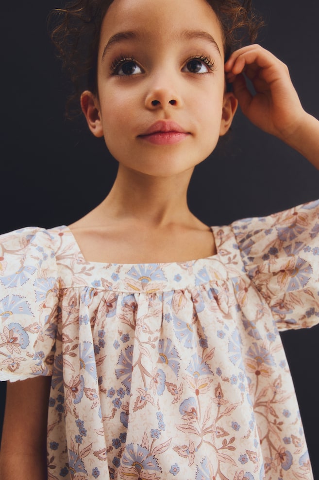 Robe trapèze en coton-Beige clair/fleuri - 3
