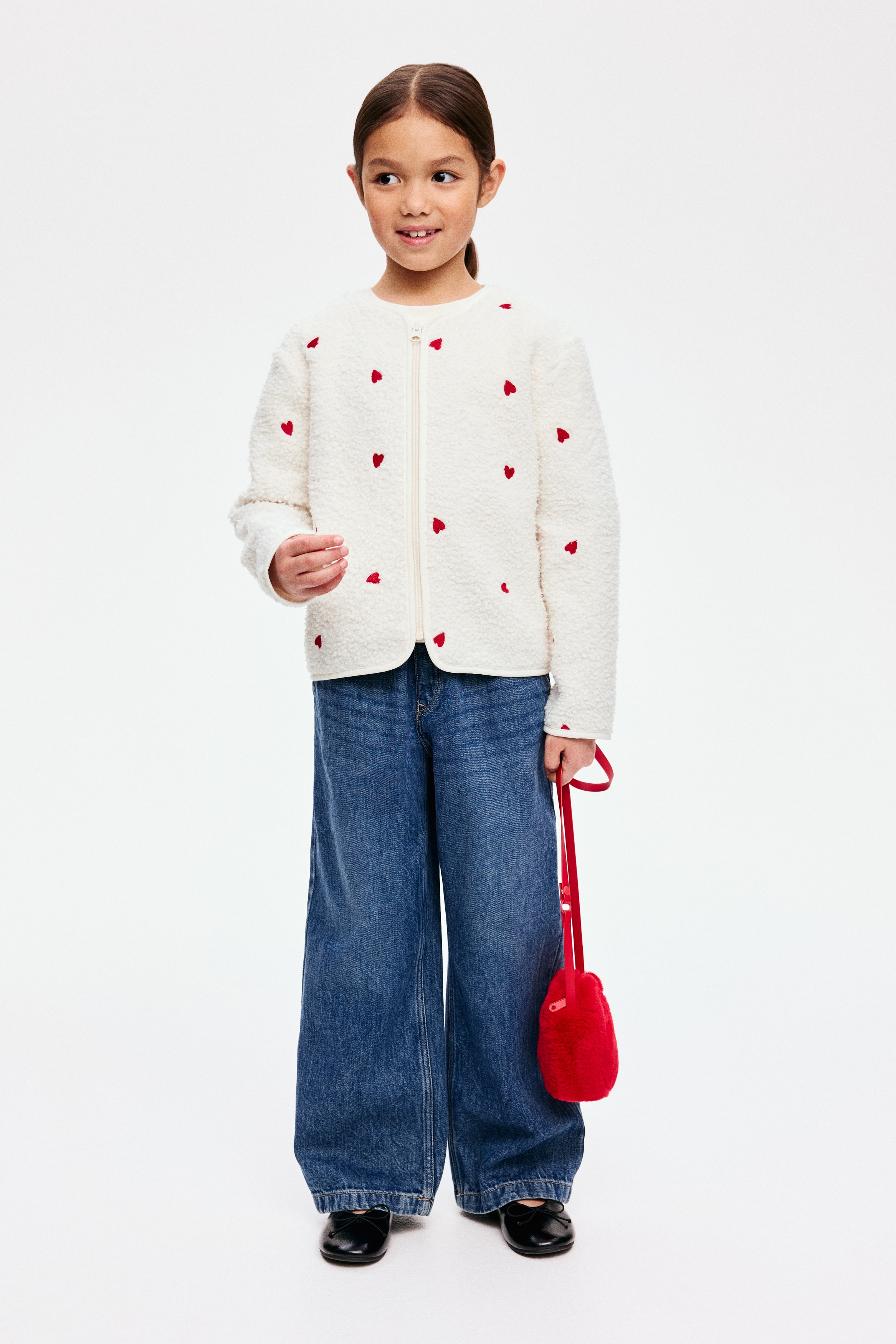 Teddy Fleece Cardigan with Zipper - White/hearts