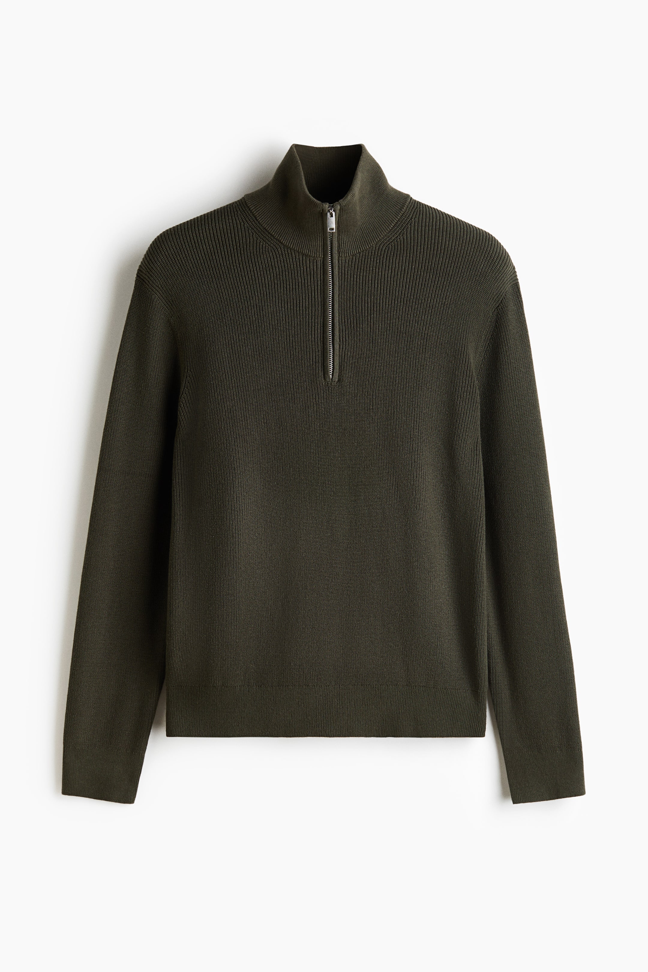 View larger image: A dark green quarter-zip jumper is facing front, featuring a ribbed mock neck with a partially unzipped silver-toned zip. The upper body displays a prominent ribbed knit, while the lower body and long sleeves showcase a finer knit with ribbed cuffs and hem.