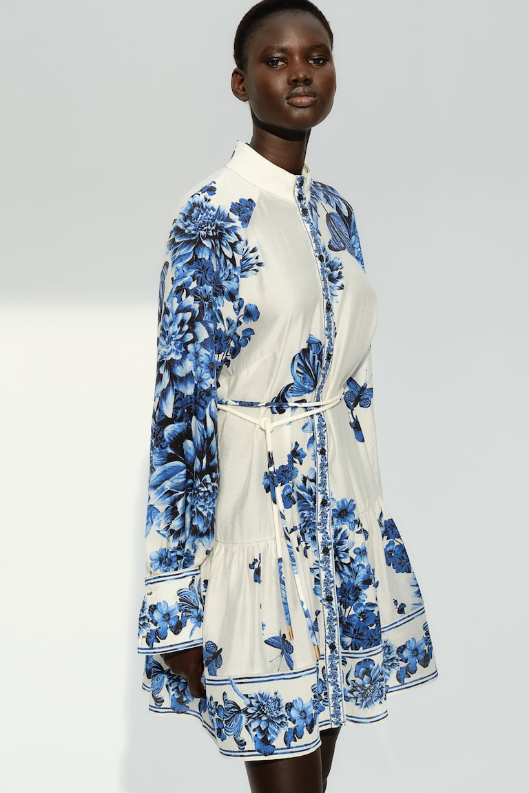 Robe avec ceinture à nouer Blanc/bleu/fleuri FEMME H&M FR