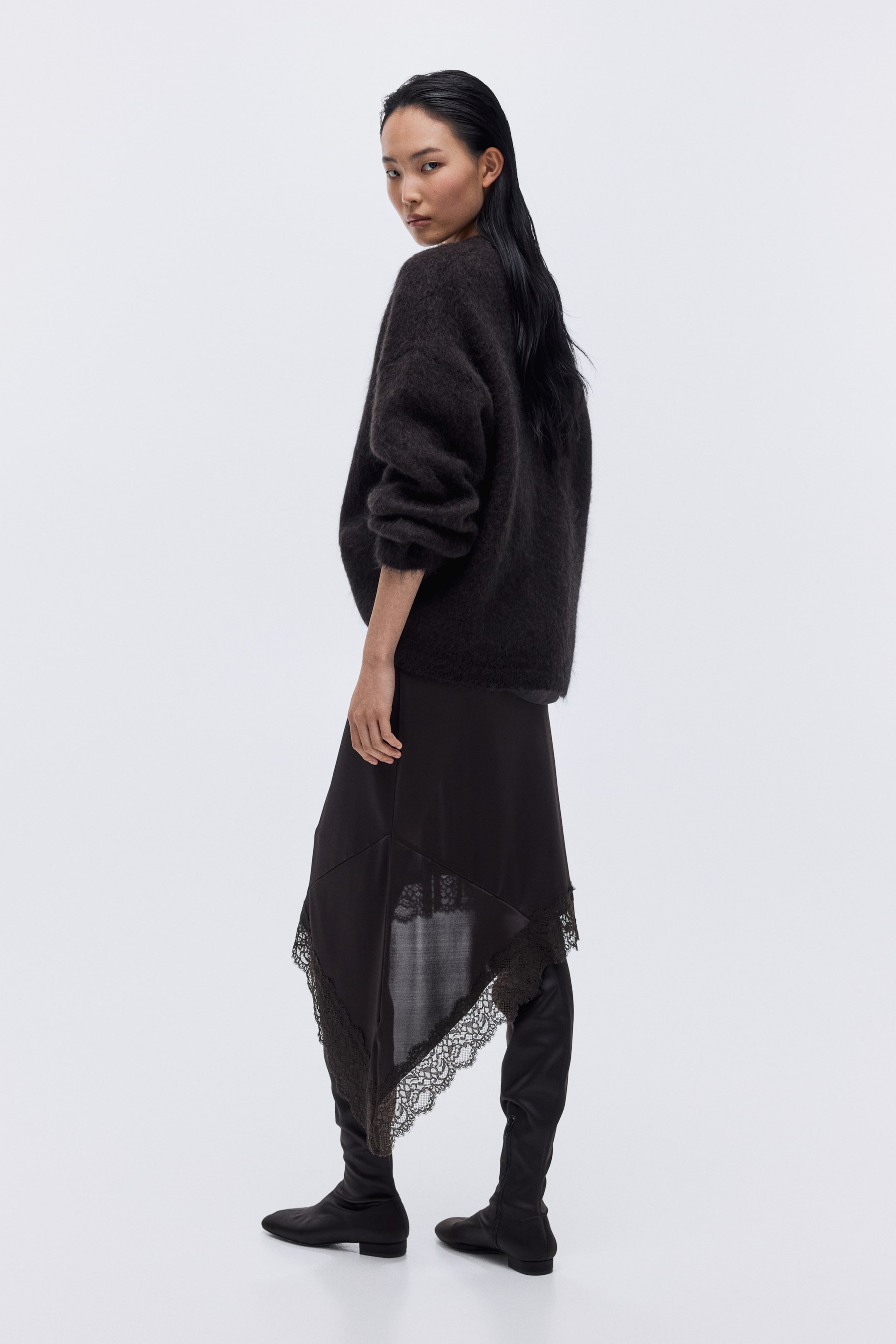 View larger image: Asymmetric Lace-Trimmed Skirt - Dark brown - Ladies | H&M US 3