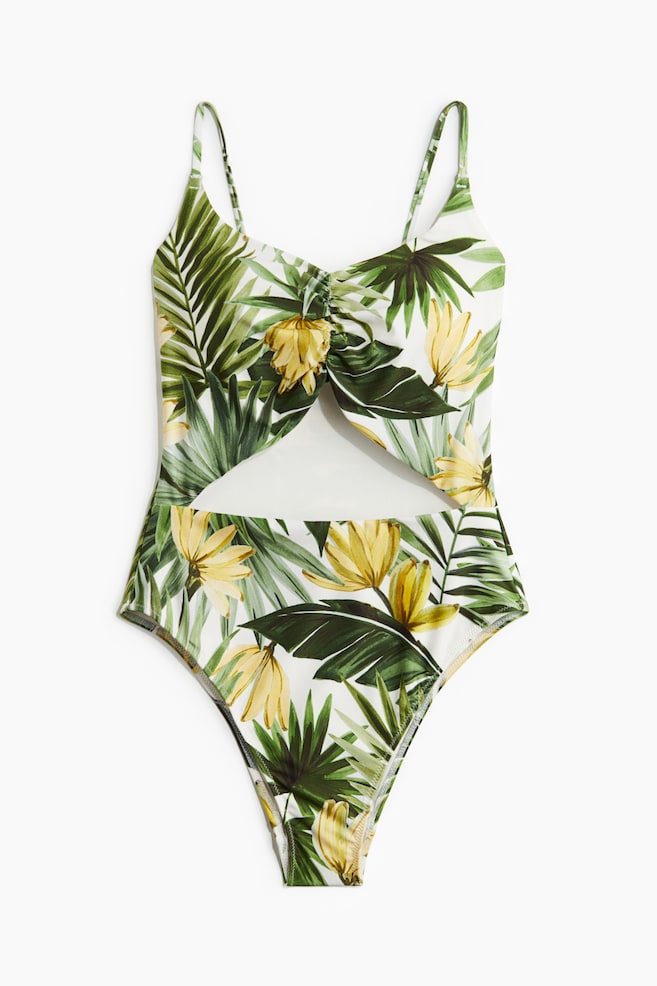 Padded-cup High-leg Swimsuit - Green/Patterned - 1